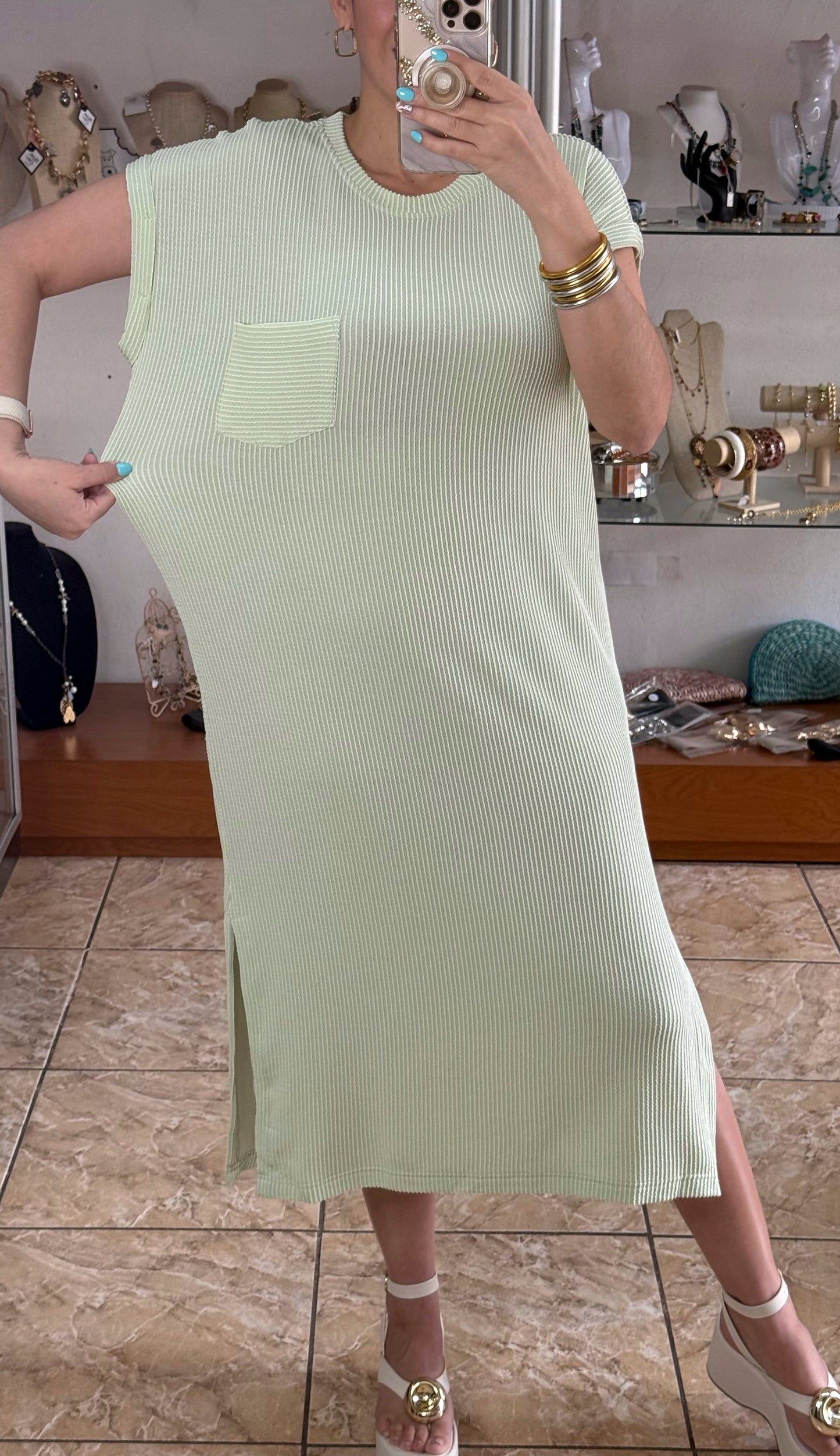Light Olive Short Sleeve Midi Dress