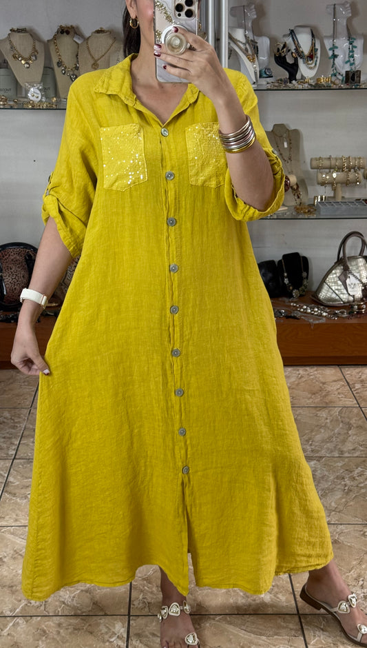 OS Button Down Sequins Pockets Linen Dress (FINAL SALE)