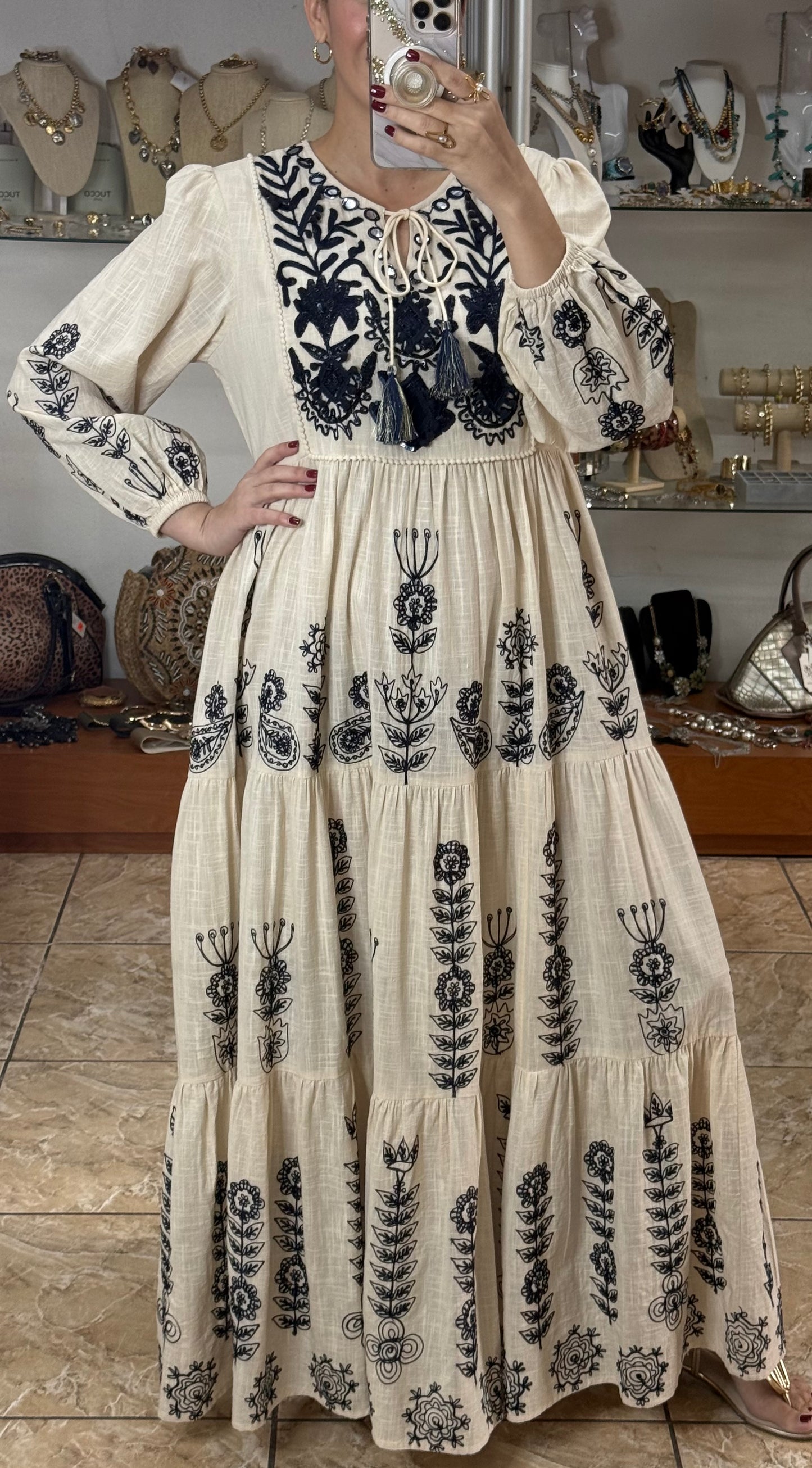 Cream/Navy Embroidered OS Maxi Dress (FINAL SALE)