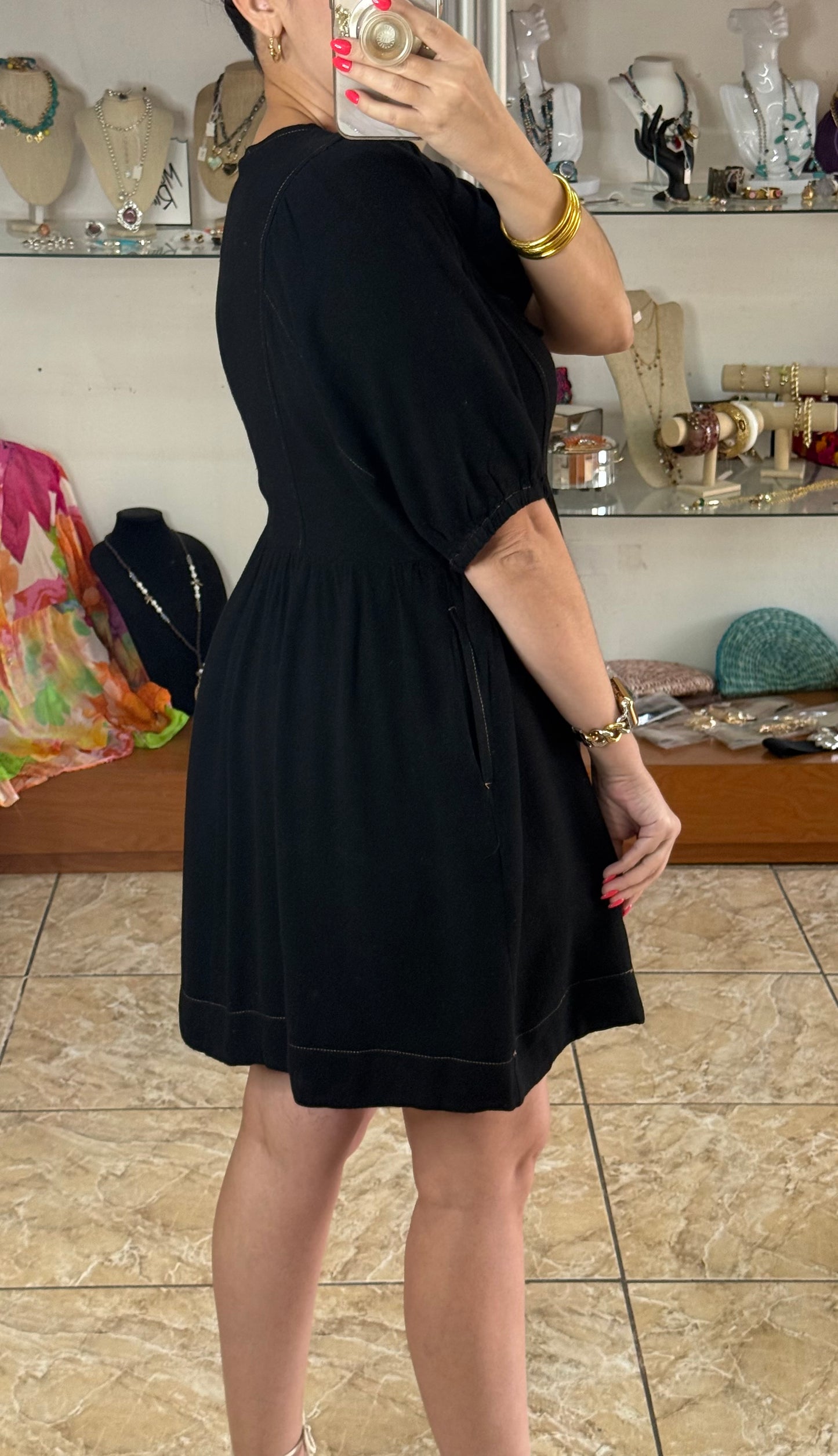 Black Linen Blend V-Neck Dress