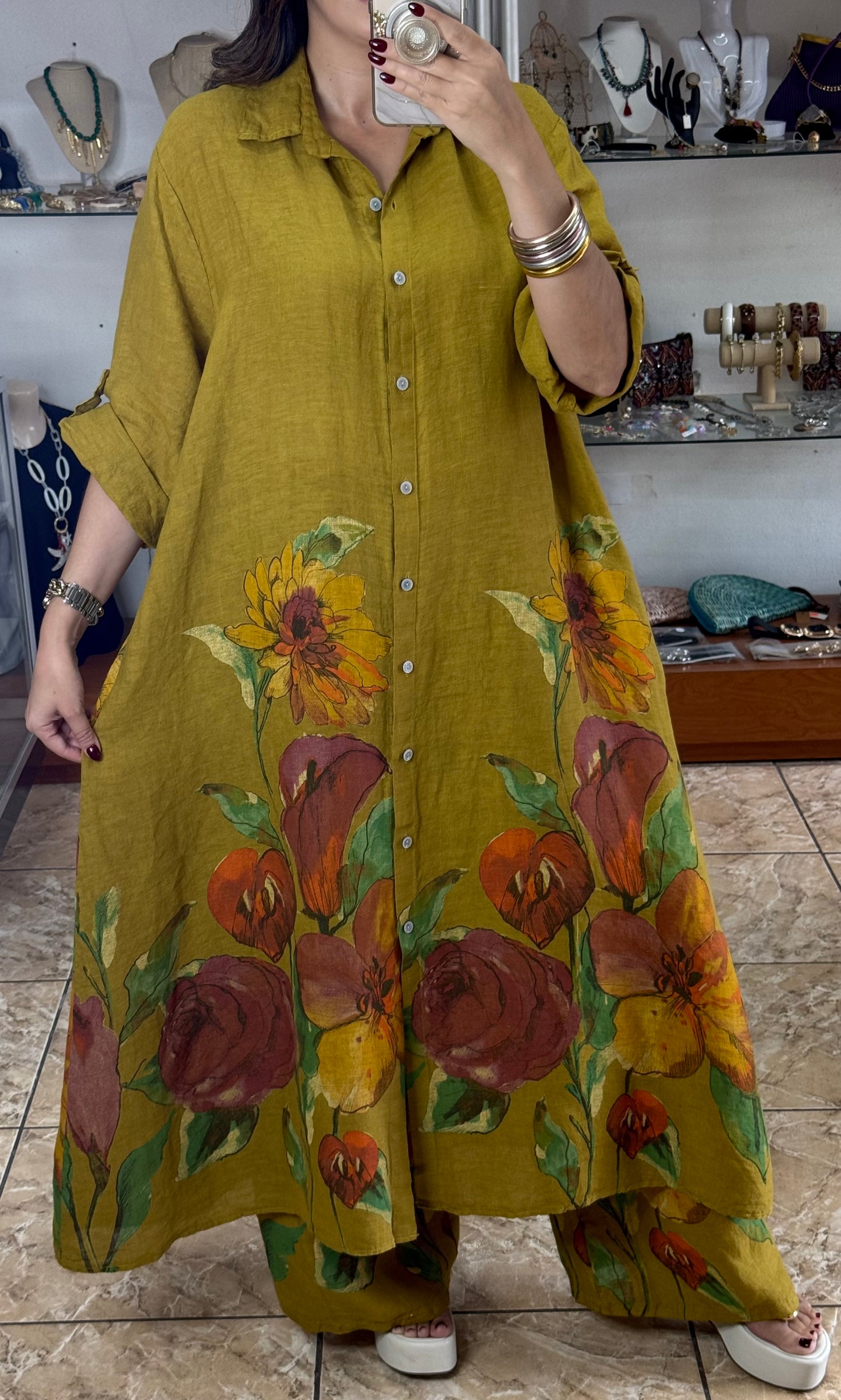 OS Shirt Dress & Pant Floral Linen Set (NO RETURNS OR EXCHANGE)