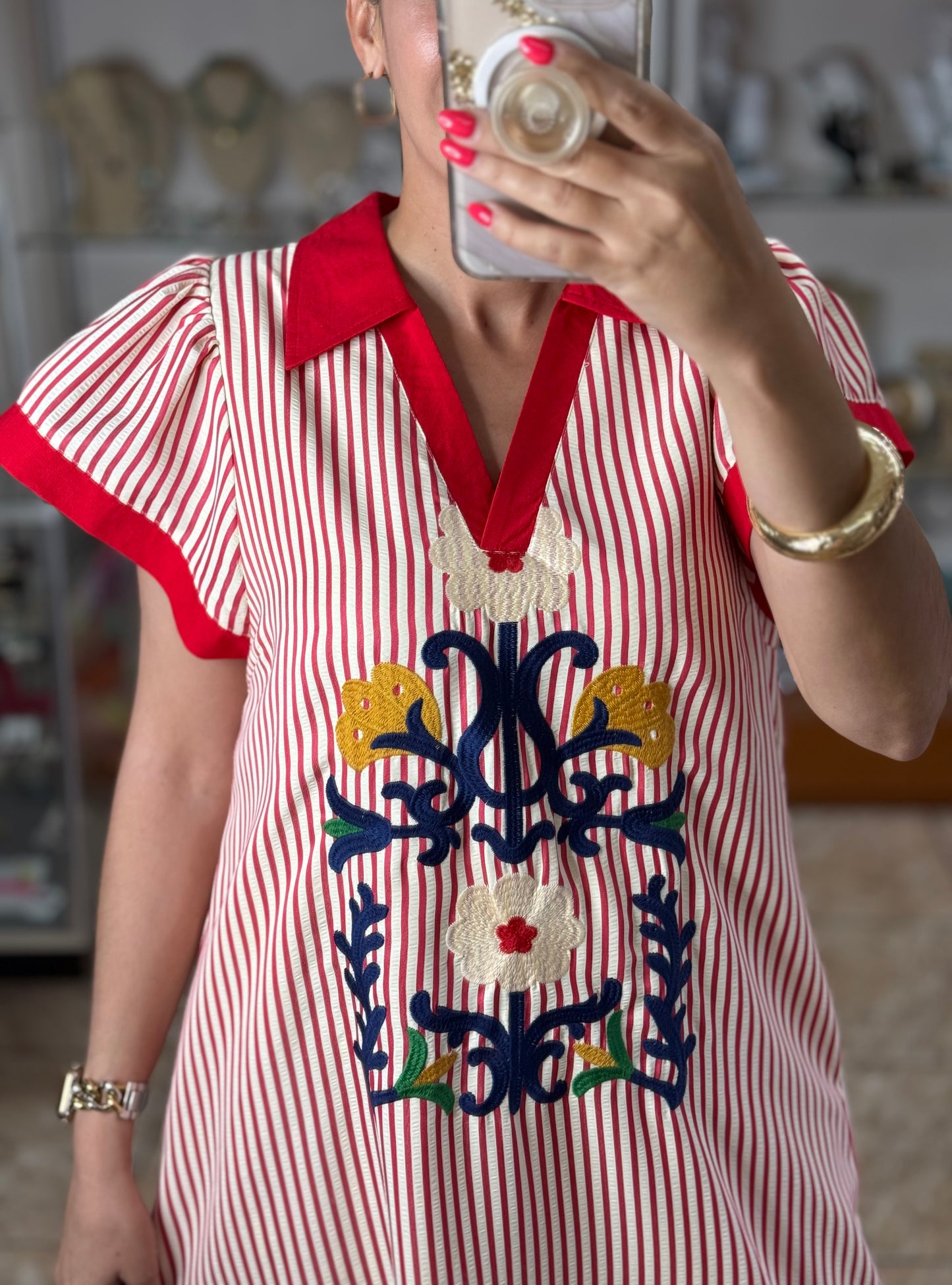Red Stripes Embroidered Midi Dress