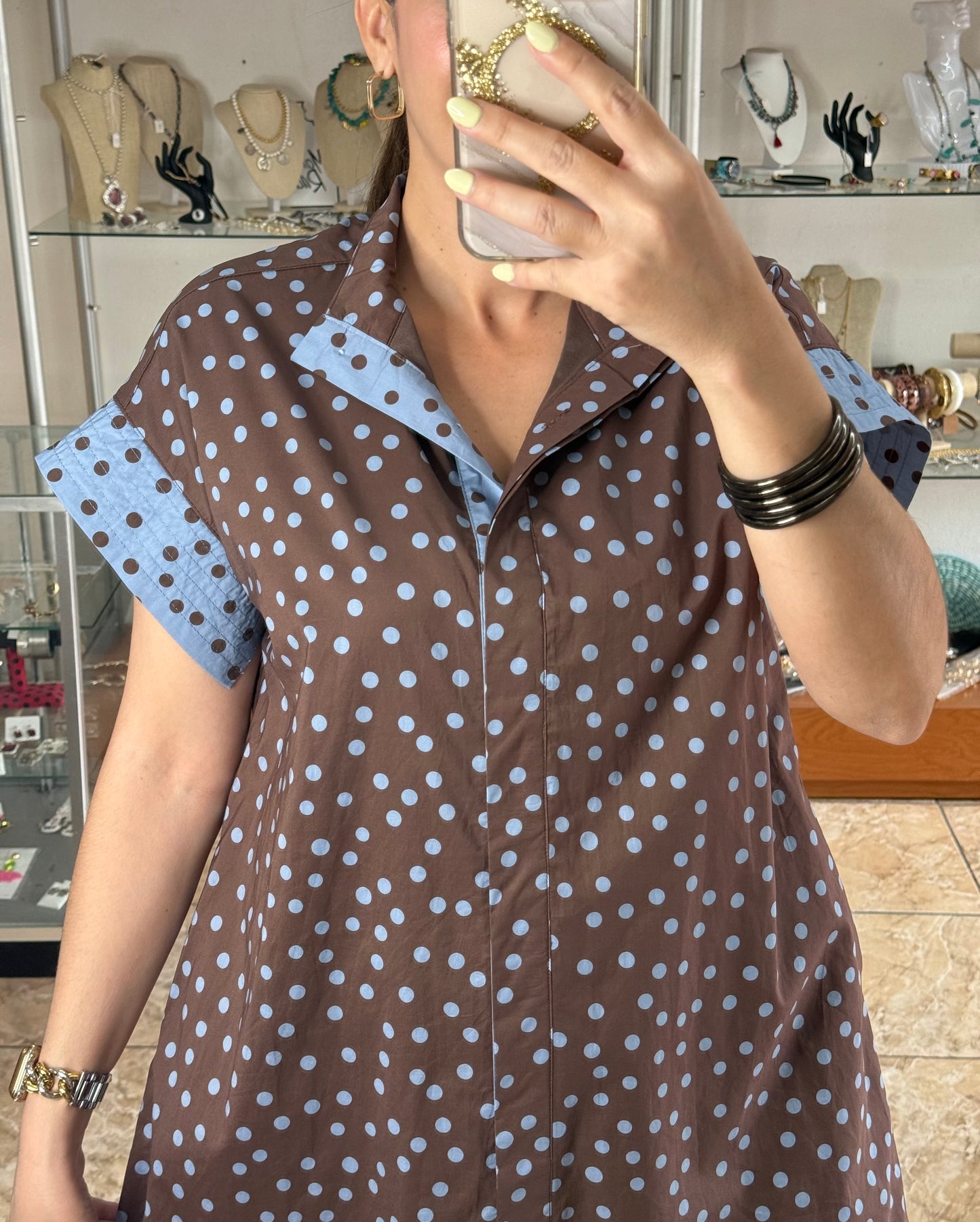 Brown/Blue Polkadots Mini Dress