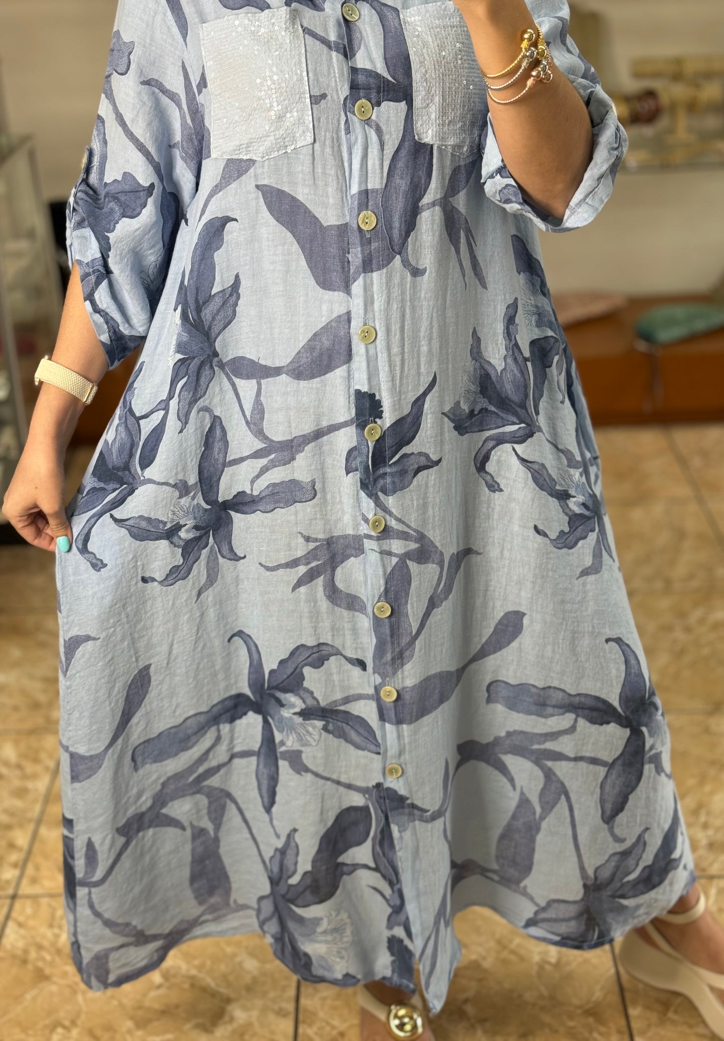 Blue Linen OS Button Down Maxi Dress (FINAL SALE)