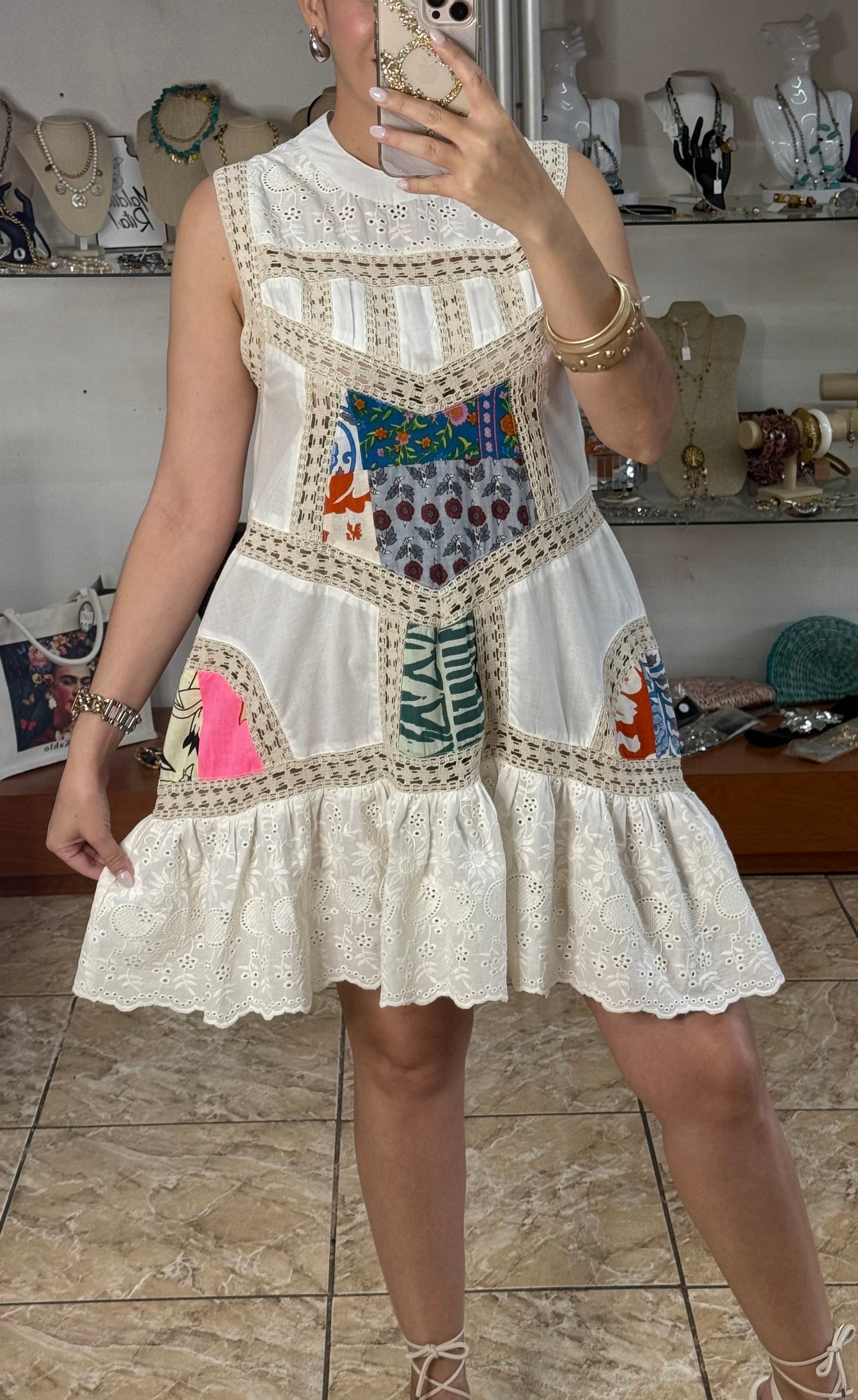 Patches and Eyelet Sleeveless Mini Dress
