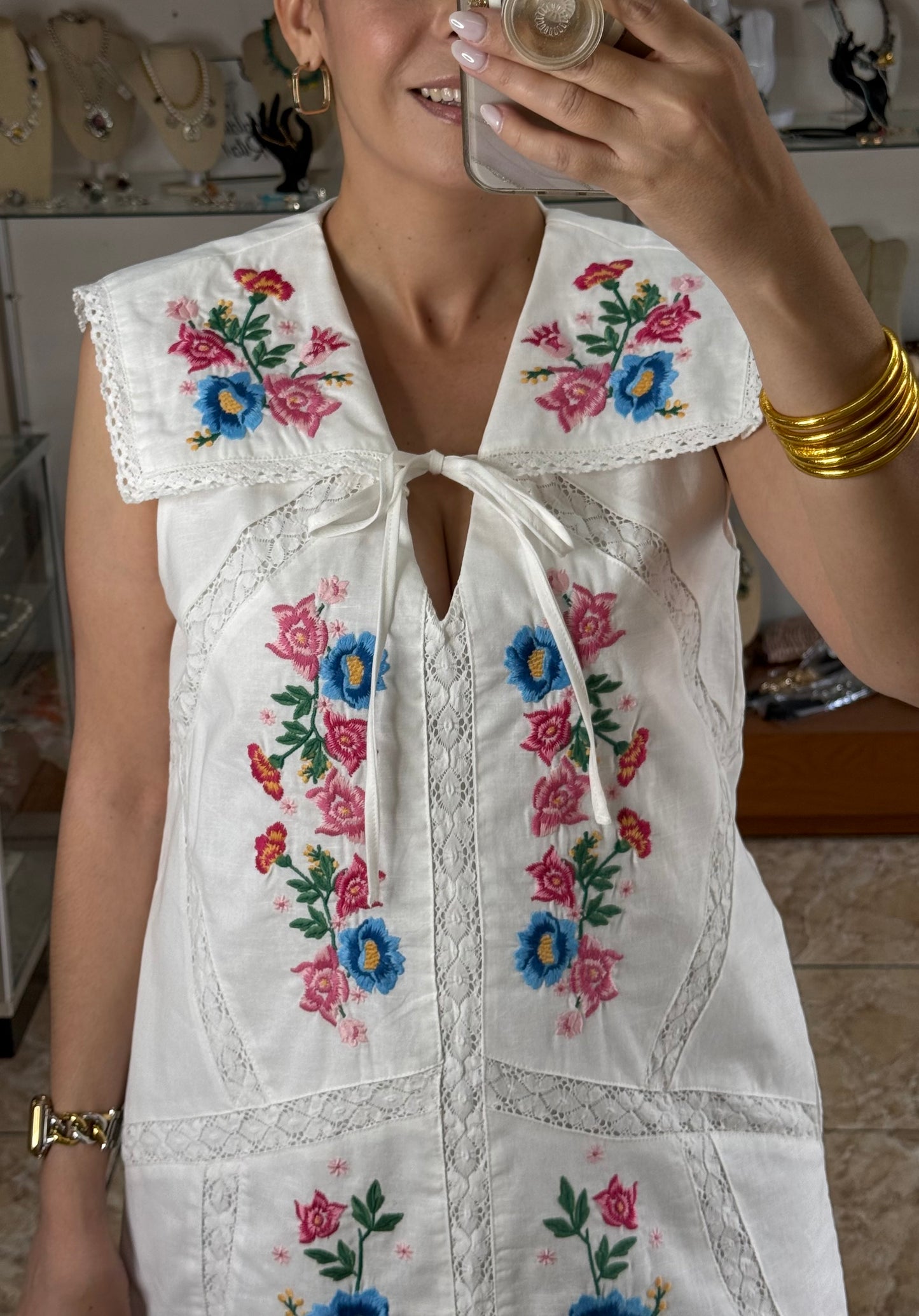 Sailor Collar Floral Embroidered Mini Dress (NO RETURNS OR EXCHANGE)