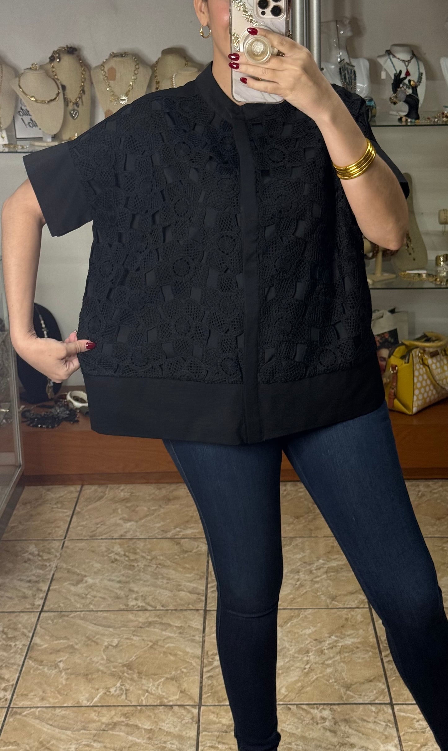 Black/Crochet Details Top