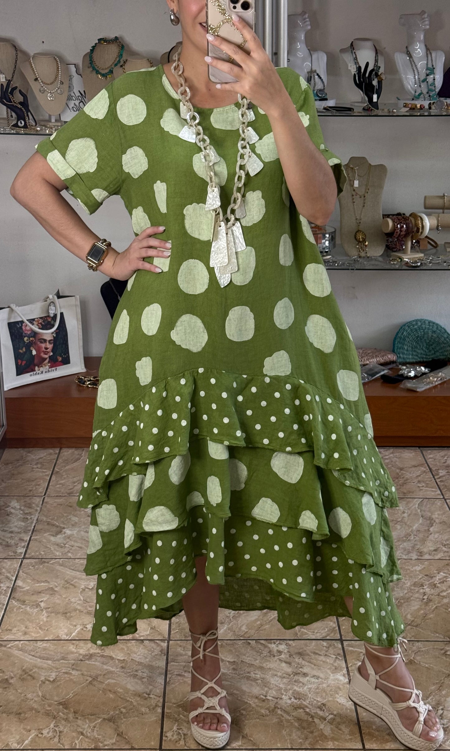 Polka OS Ruffle Tiered Linen Midi Dress (NO RETURNS OR EXCHANGE)