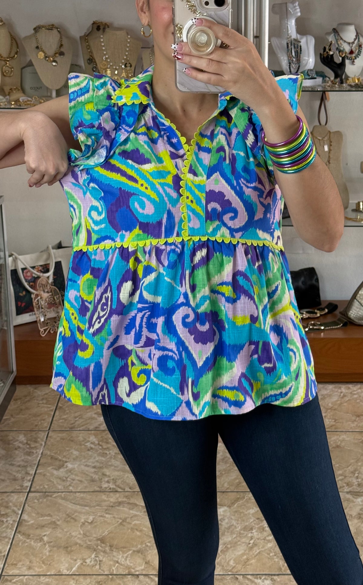 Blue/Neon Ruffle Sleeves Top (ONLINE EXCLUSIVE)