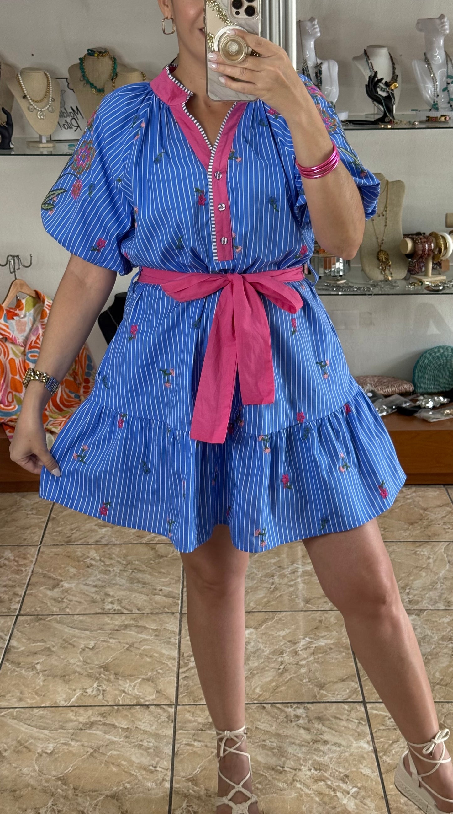 Puff Sleeves Floral Embroidered Mini Dress