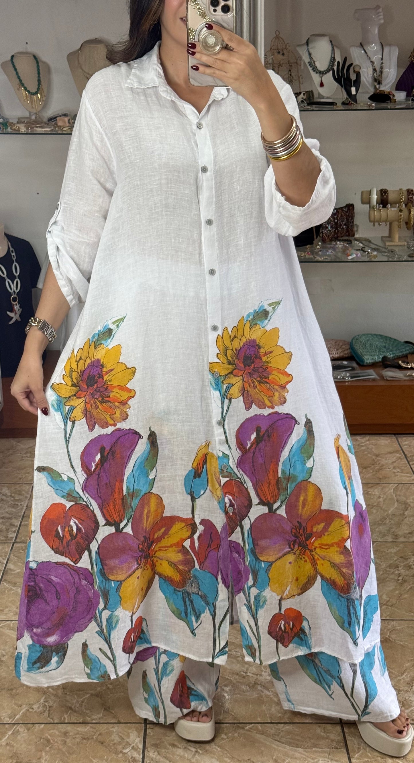 OS Shirt Dress & Pant Floral Linen Set (NO RETURNS OR EXCHANGE)