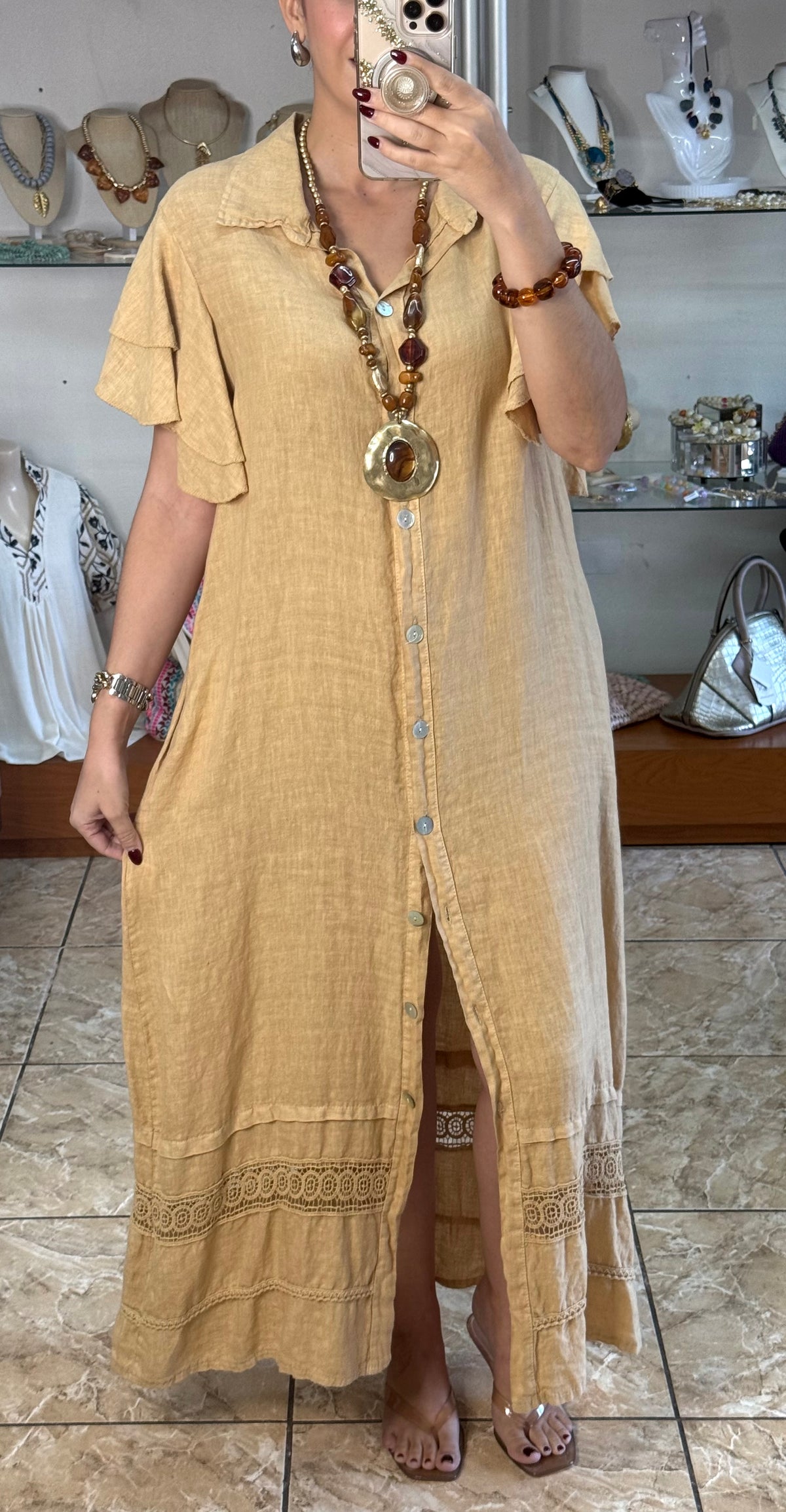 OS Ruffle Sleeves Button Down Linen Dress (NO RETURNS OR EXCHANGE)