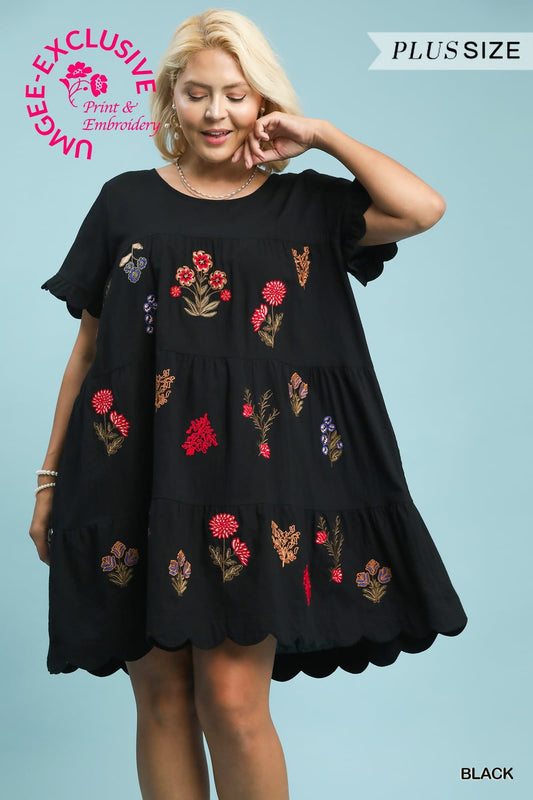 Black Floral Embroidered Tiered Babydoll Dress (PLUS)