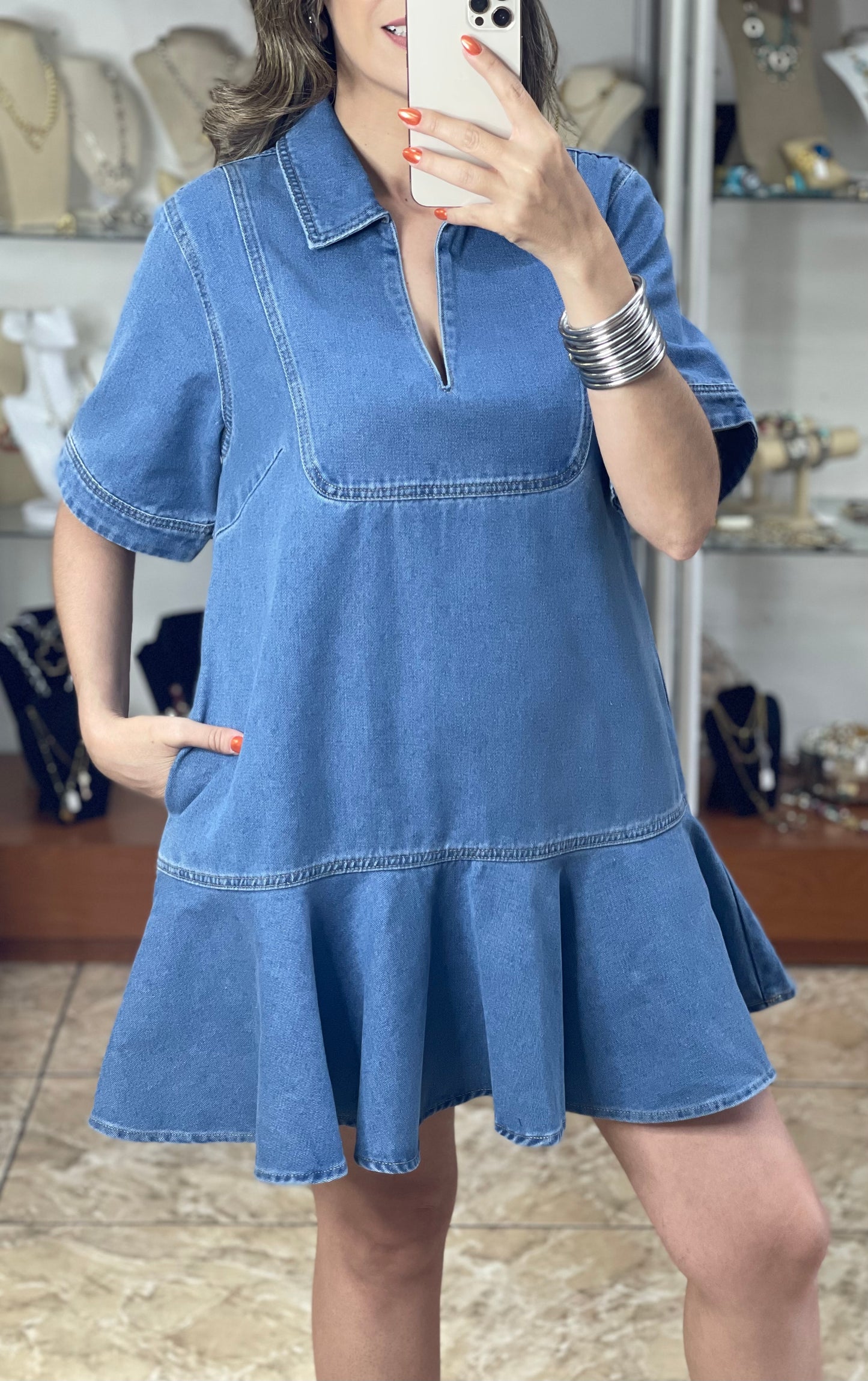 Ruffle Hem Denim Mini Dress