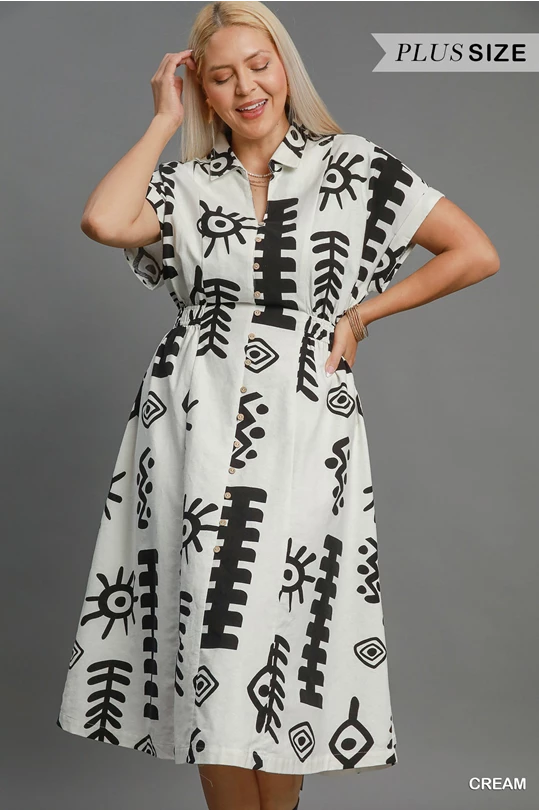 Cream/Black Abstract Print Midi Dress