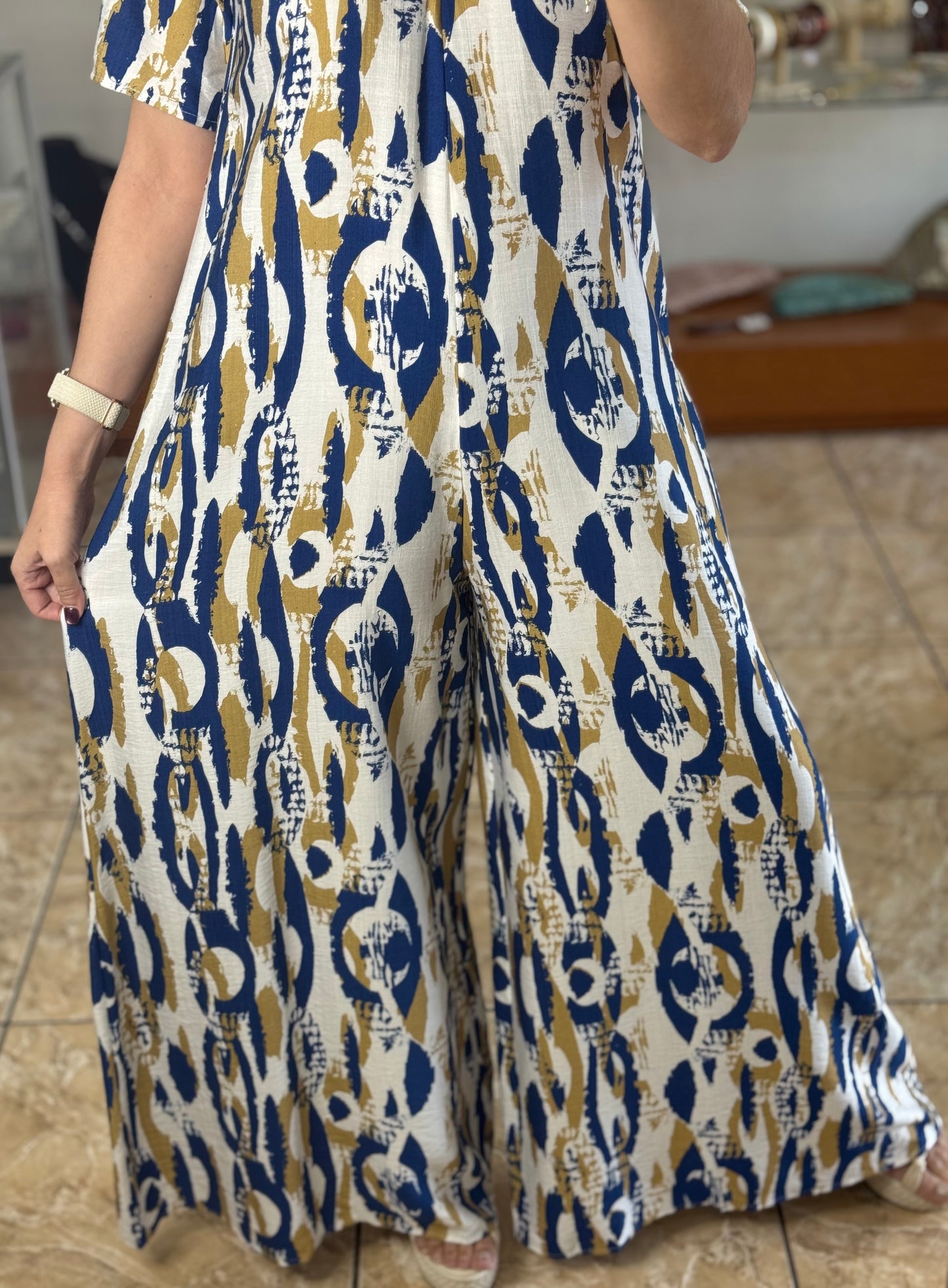 Blue Mix Short Sleeves Boho Jumpsuit