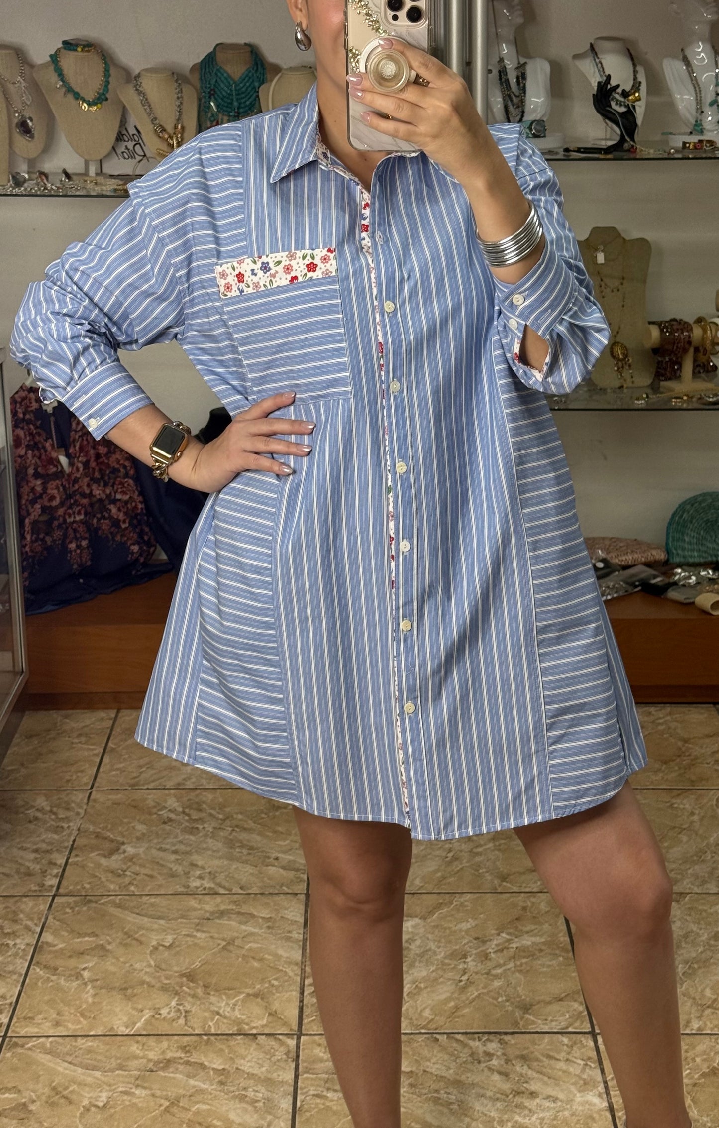 Stripes and Flowers Button Down Shirt Dress
