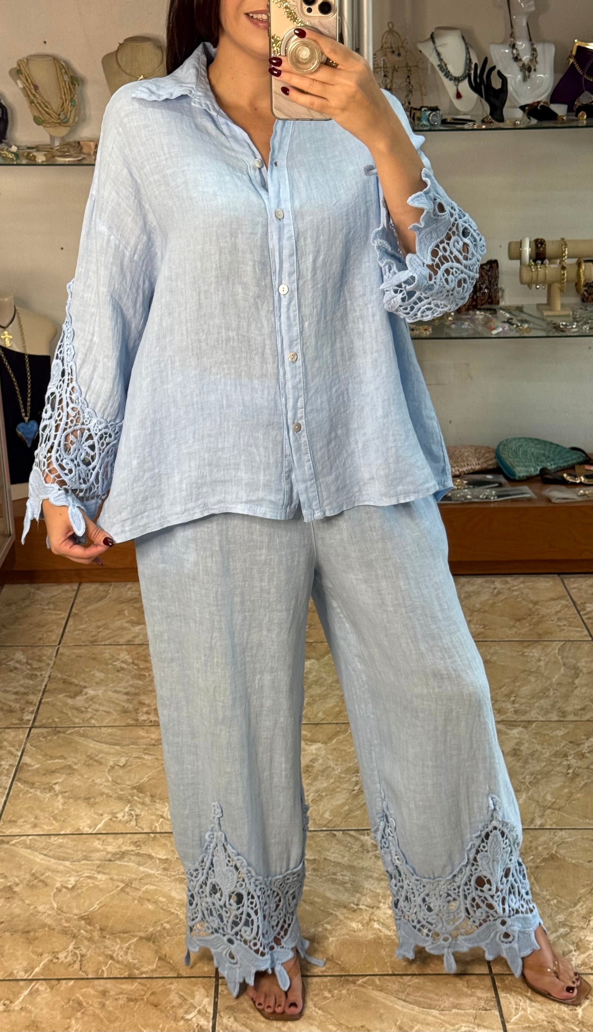 Aura Scalloped Lace/Linen Set (NO RETURNS OR EXCHANGE)