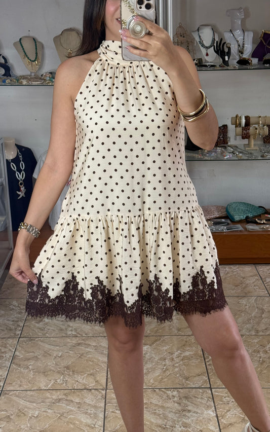 Ecru/Brown Polkadot Halter Mini Dress