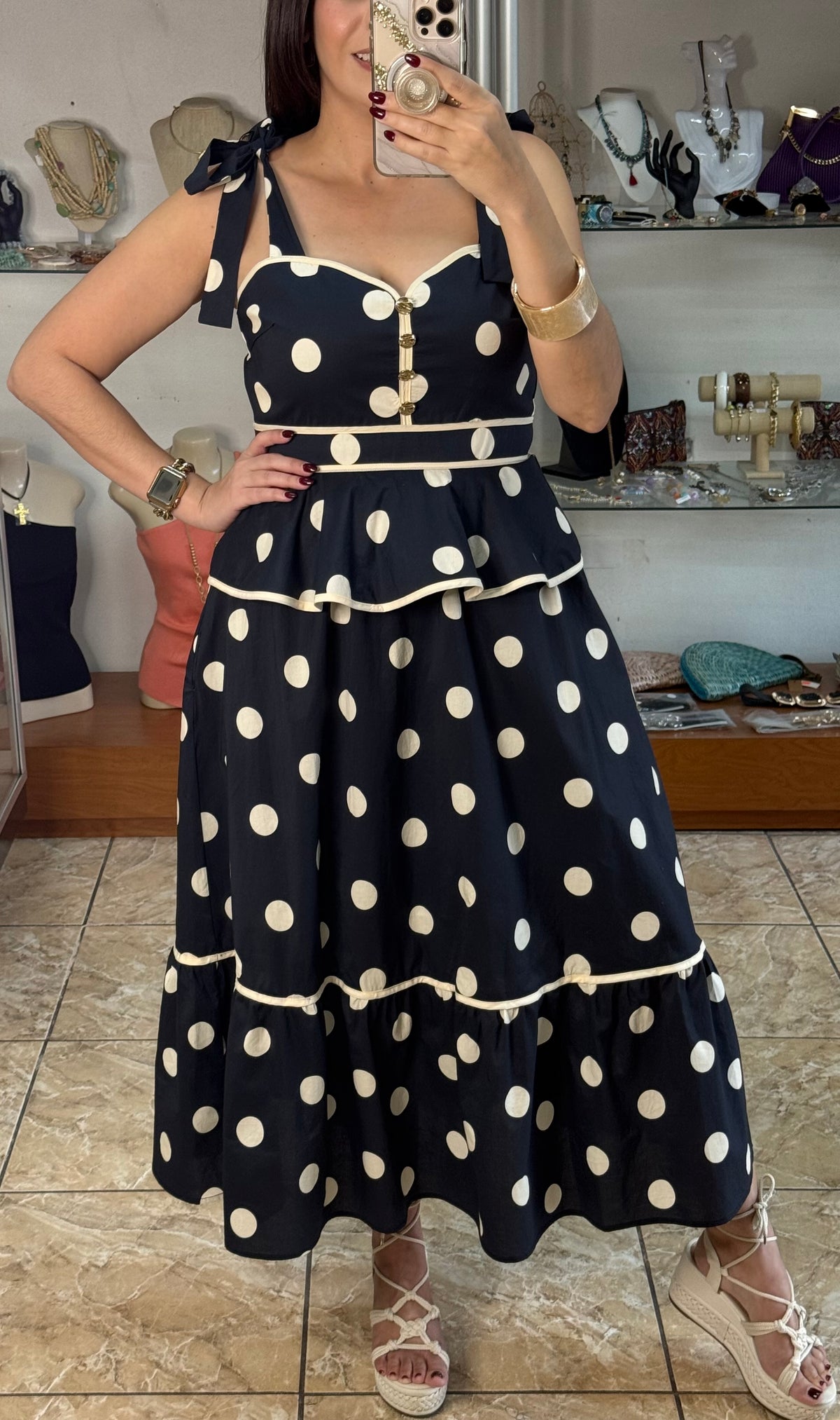 Polka Dot Peplum Midi Dress