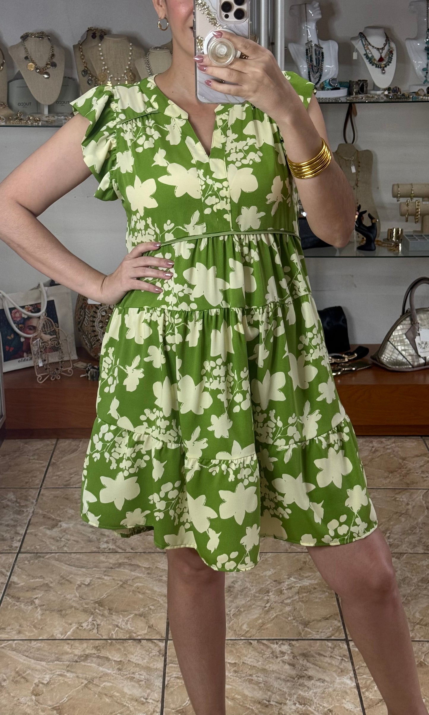 Green/Cream Ruffle Sleeves Mini Dress