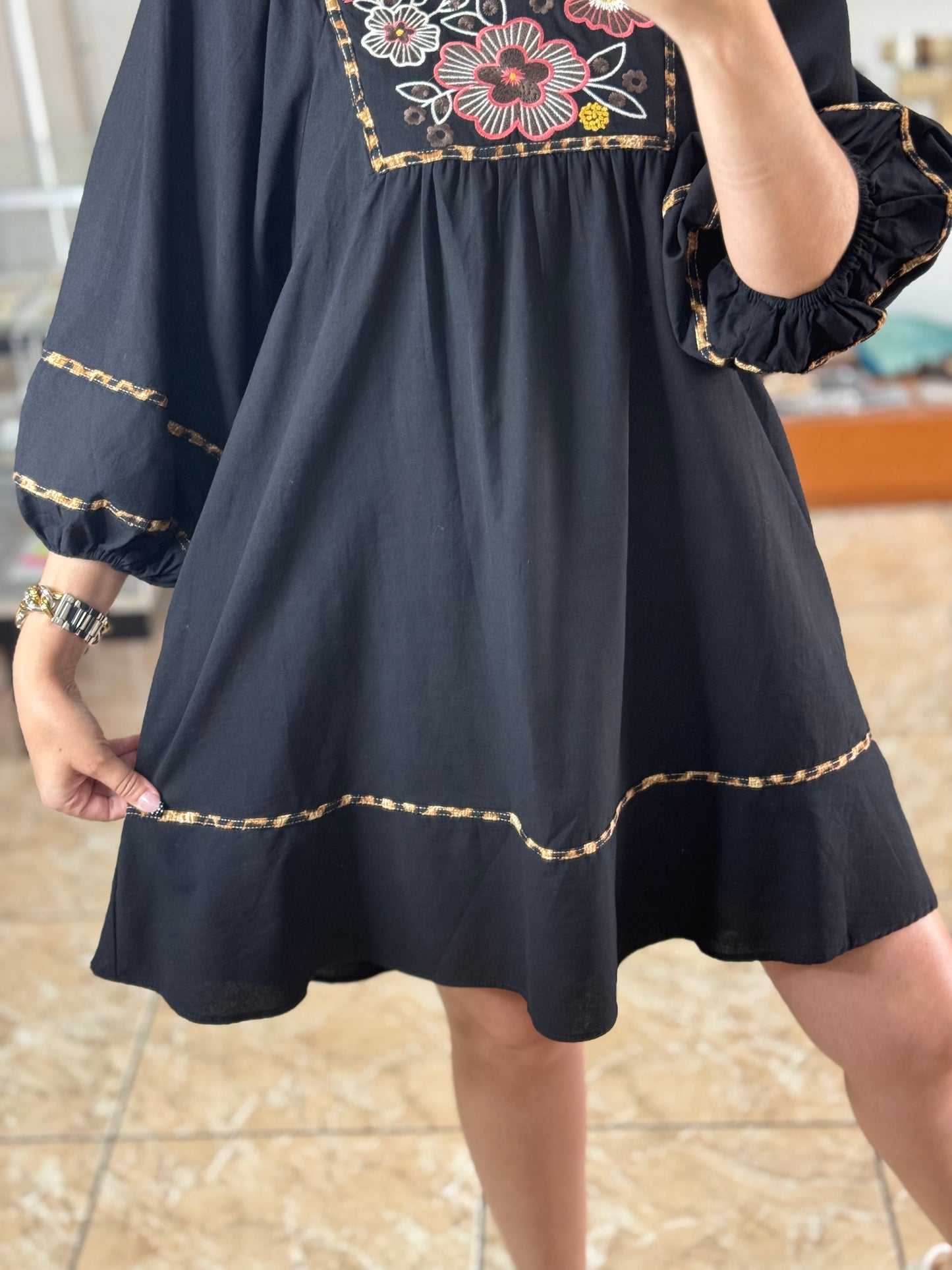 Black/Floral/Leopard Embroidered Dress