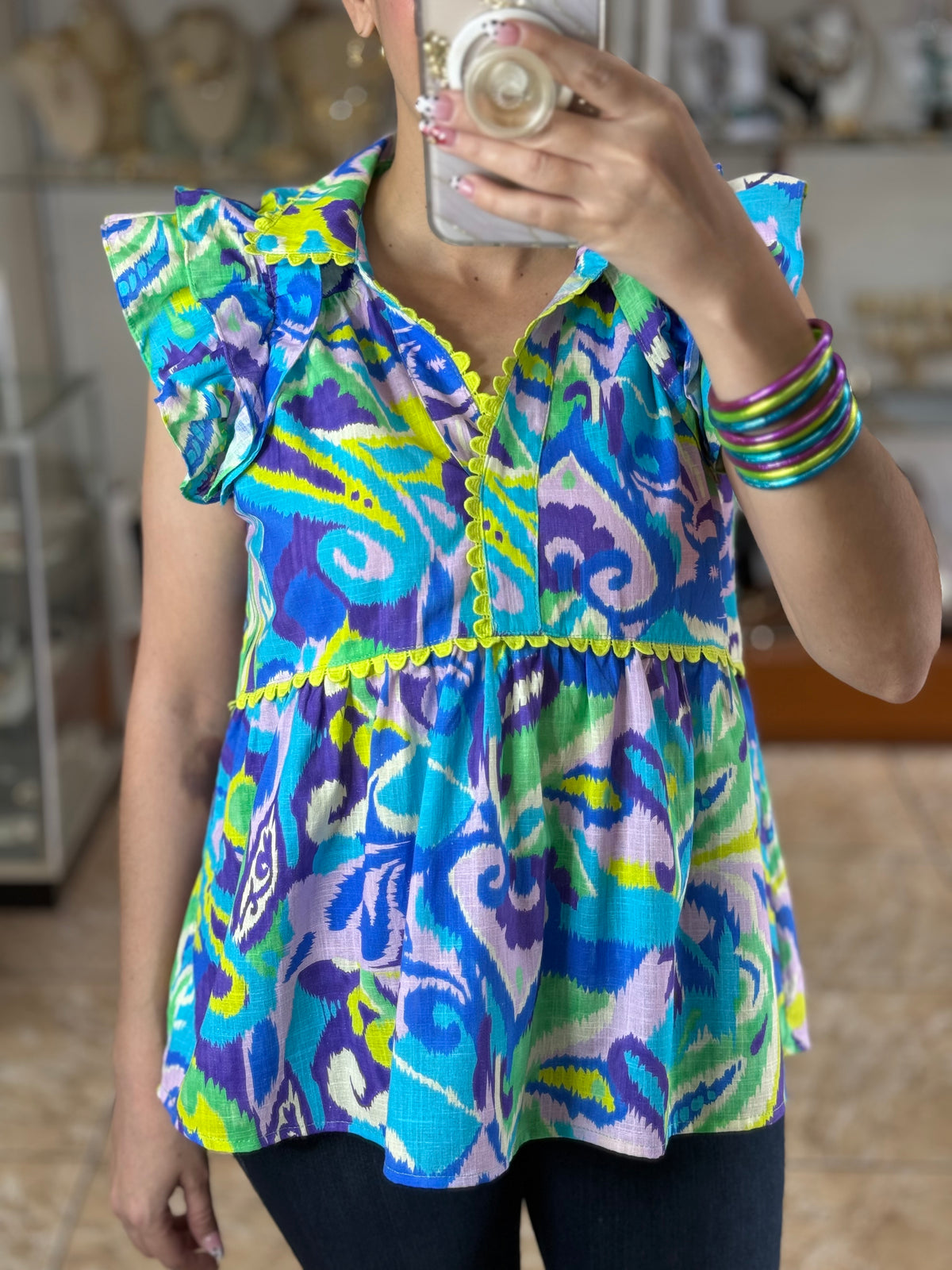 Blue/Neon Ruffle Sleeves Top (ONLINE EXCLUSIVE)