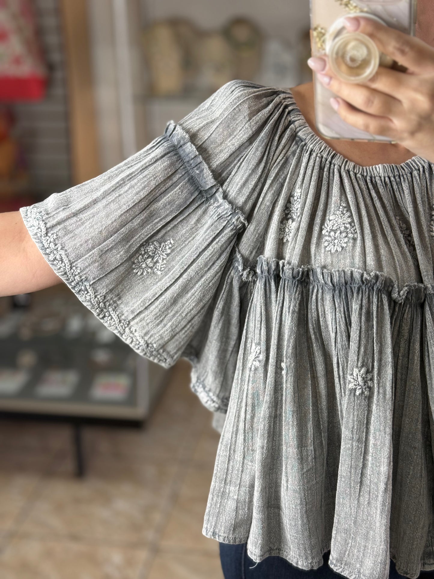 Gray Off Shoulder Floral Embroidered Top