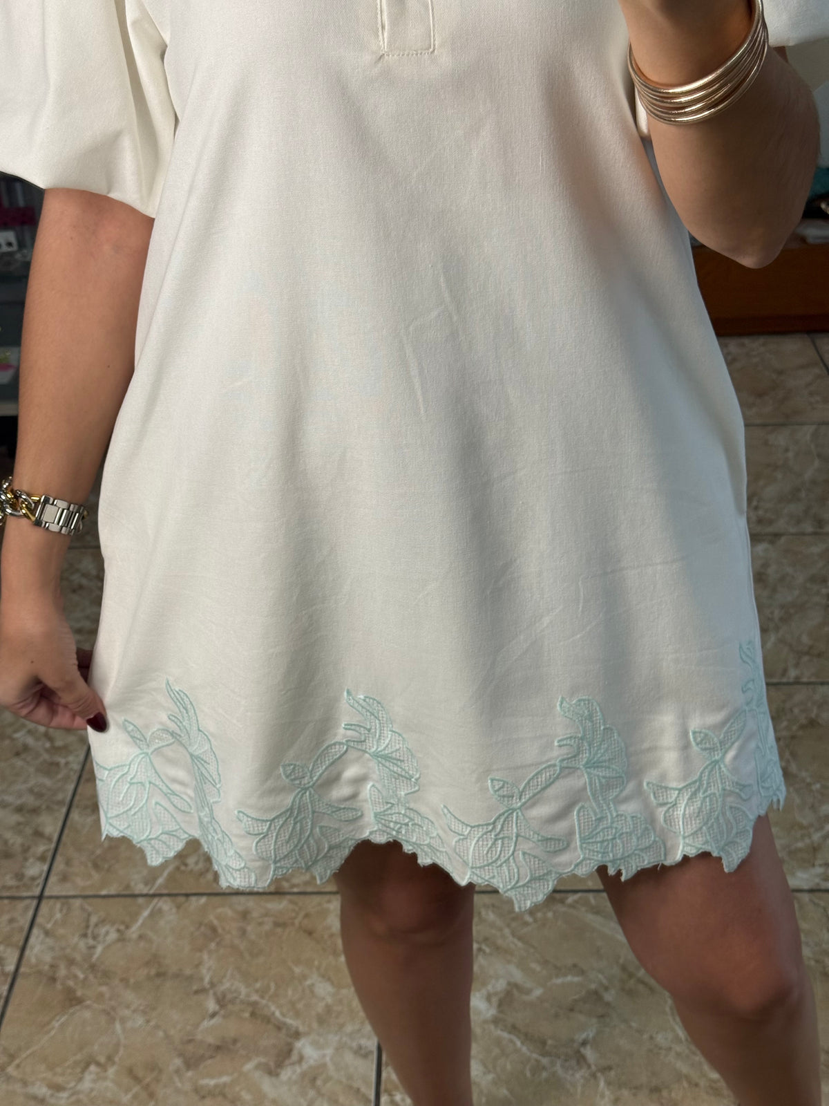 Bubble Sleeve Ruffled Neck Mini Dress