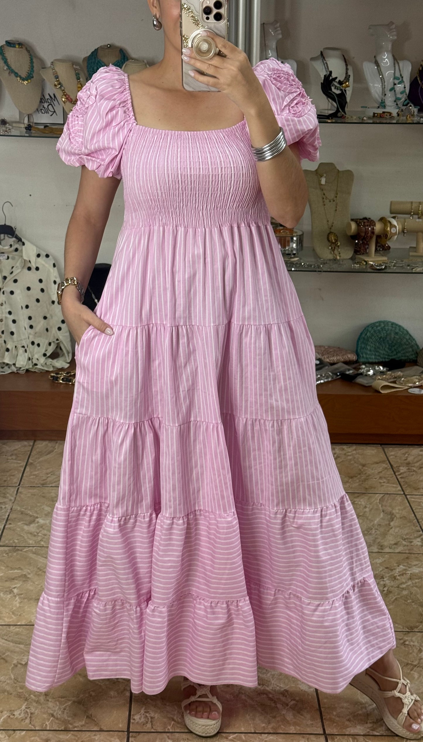 Puff Sleeves Striped OS Maxi Dress (NO RETURNS OR EXCHANGE)