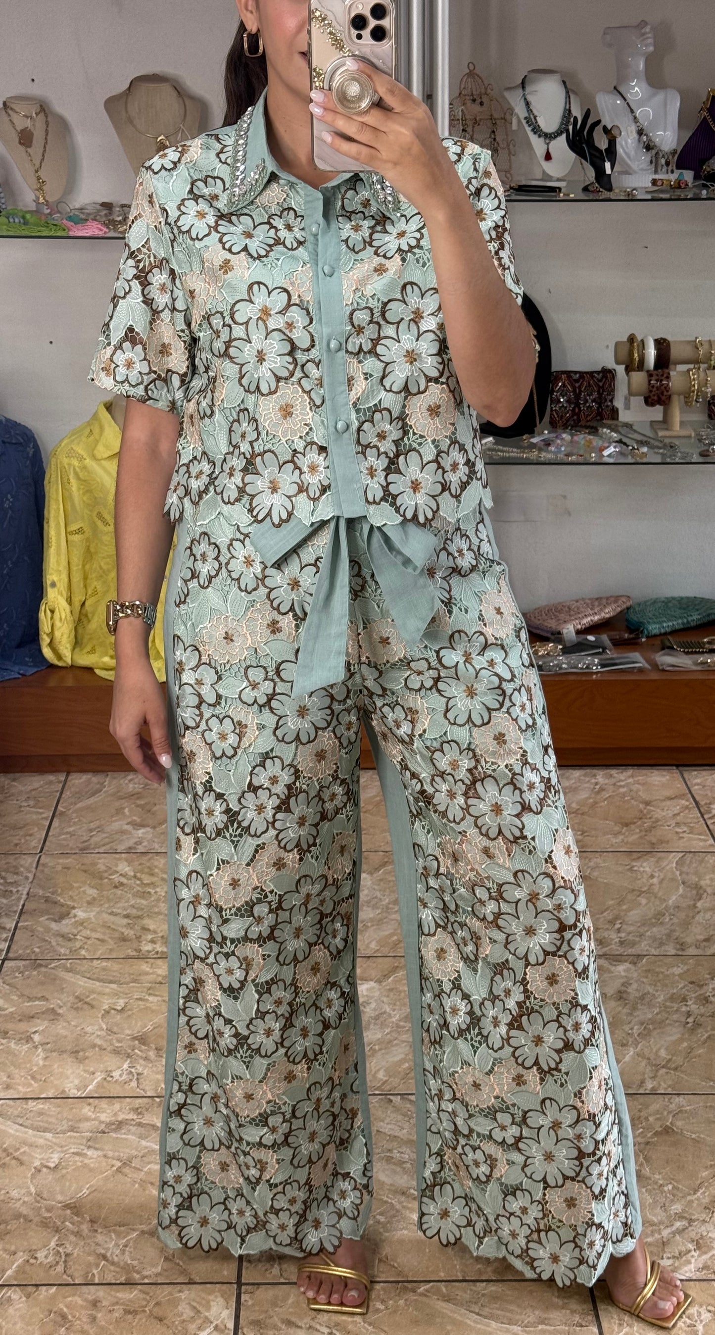 Sage Floral Lace Top & Pant Set