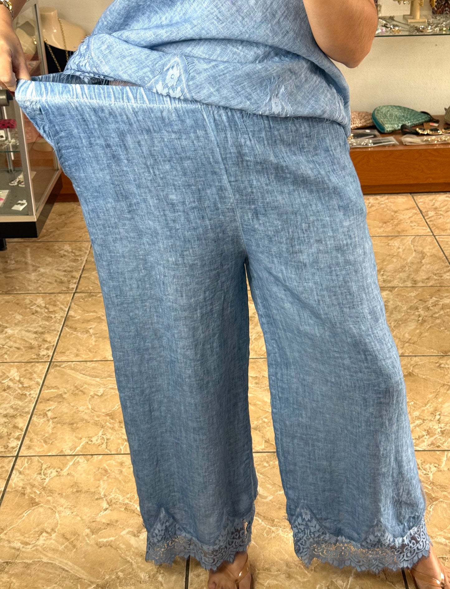 Linen/Lace Top & Pant OS Set (NO RETURNS OR EXCHANGE)