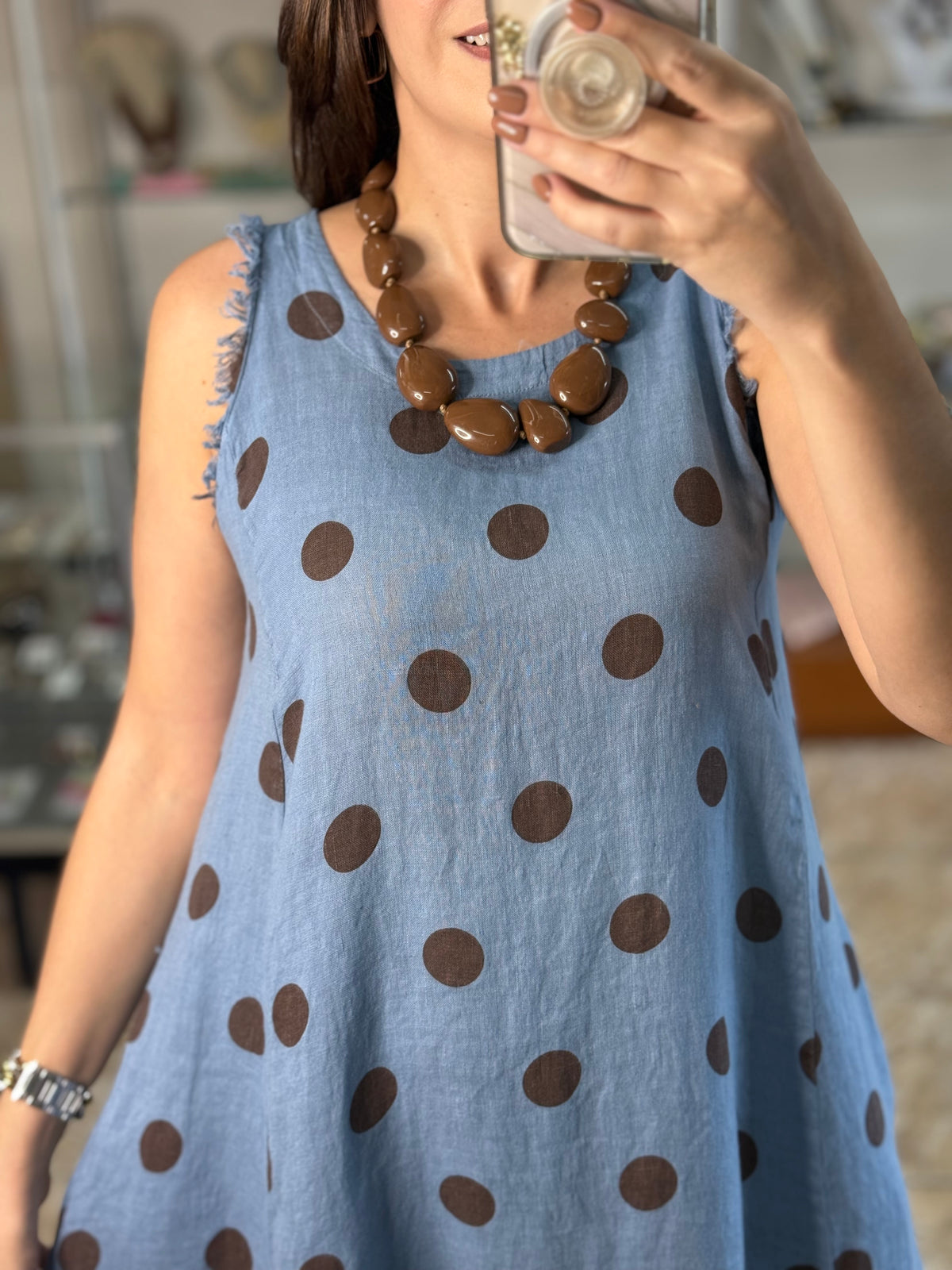 OS Linen Sleeveless Polka Dots Dress (NO RETURNS OR EXCHANGE)