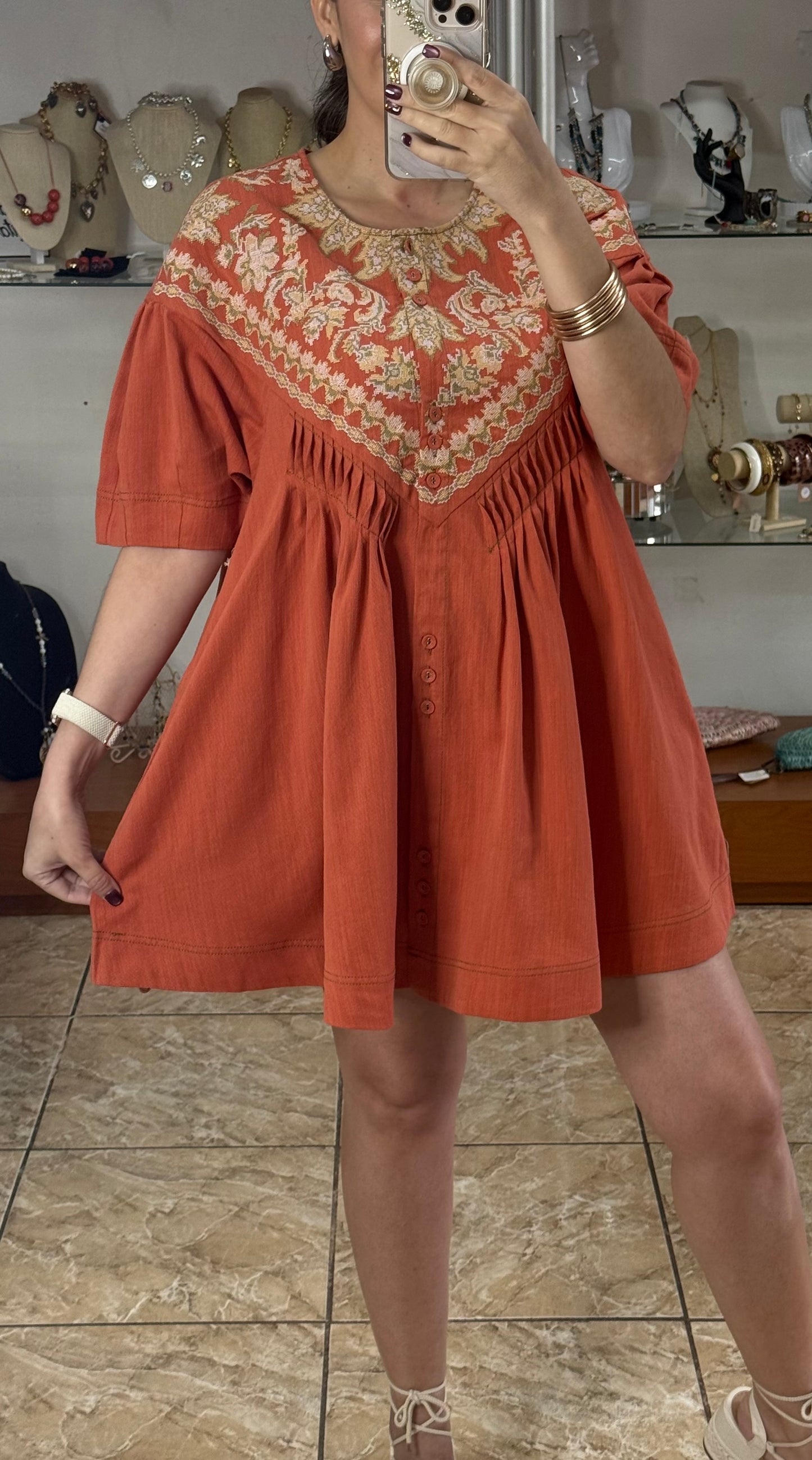 Burnt Orange Linen Blend Tunic Dress