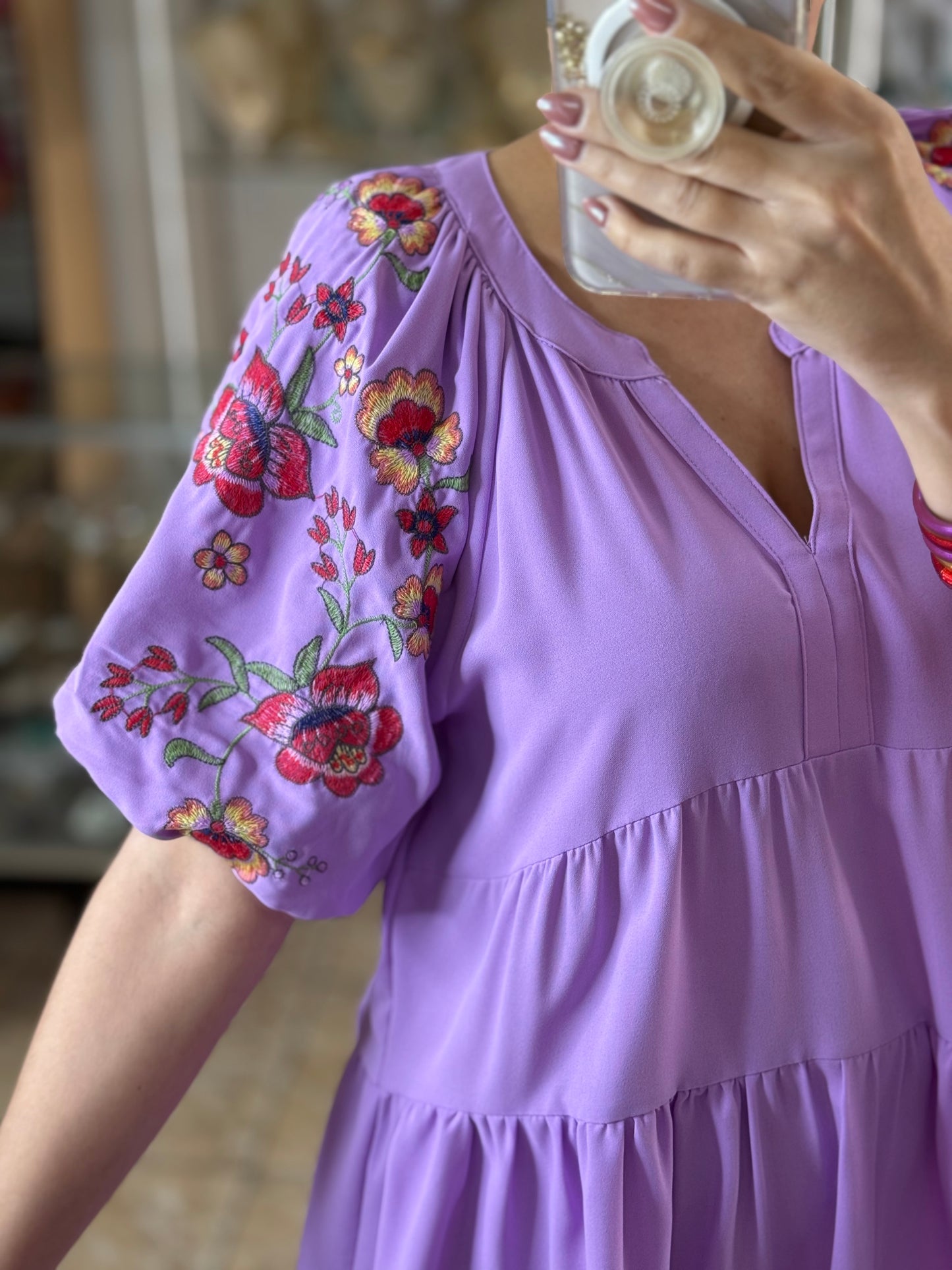 Lilac Embroidered Sleeves Doll Dress