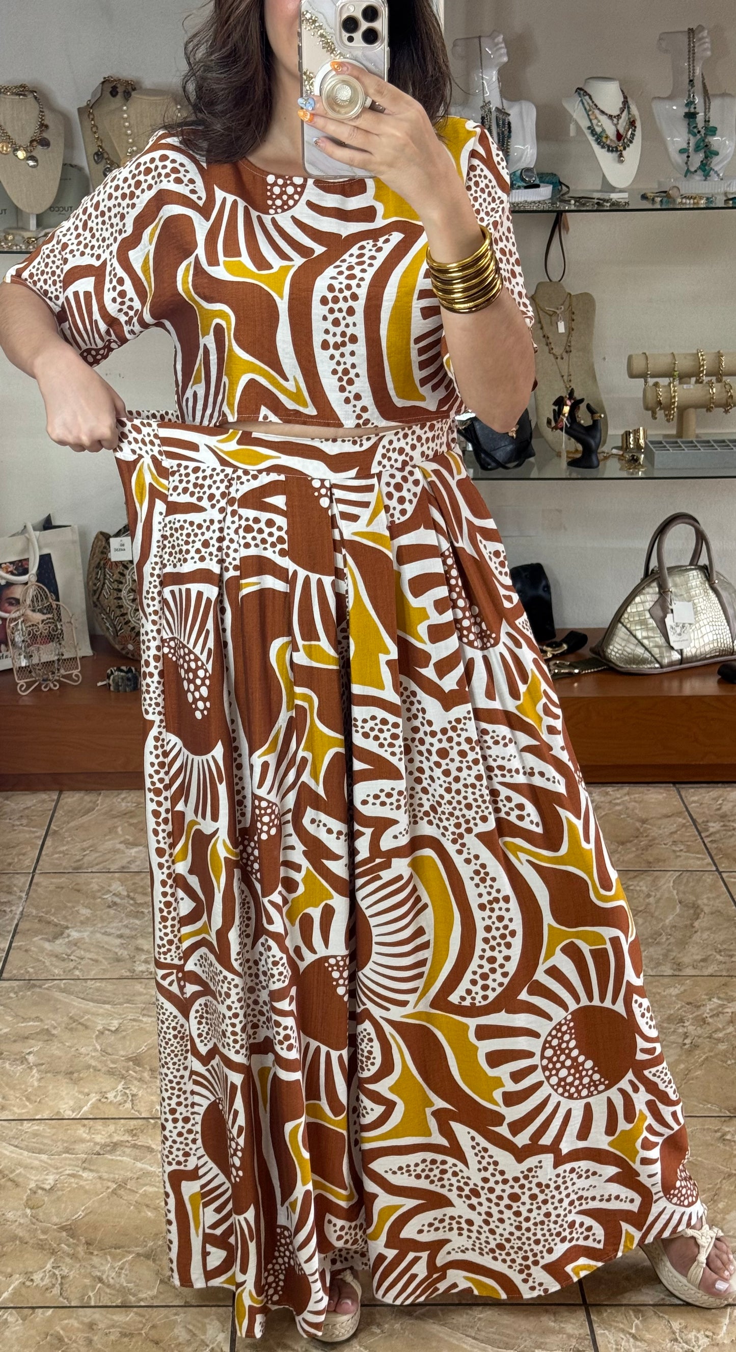 Brown Mix Crop Top and Pant Set