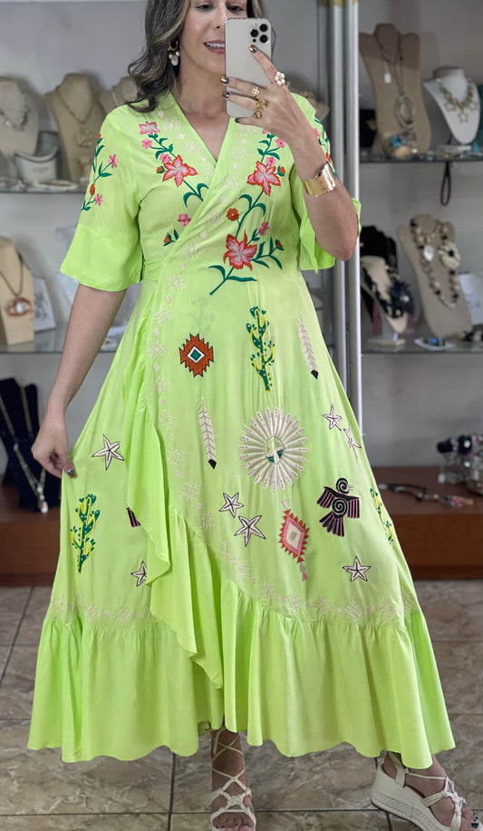 Lime Embroidered Wrap Maxi Dress