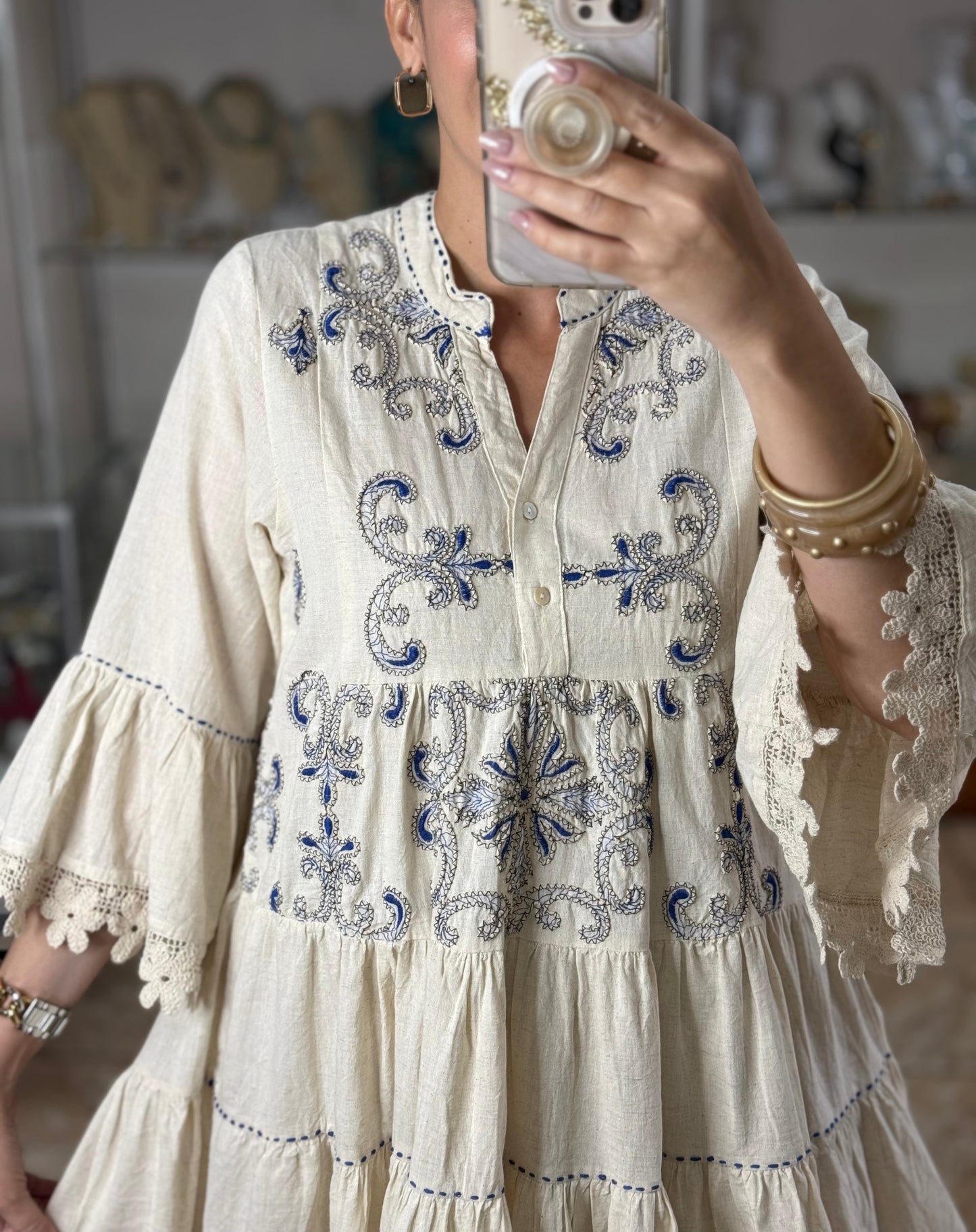Natural and Blue Embroidered Boho Mini Dress