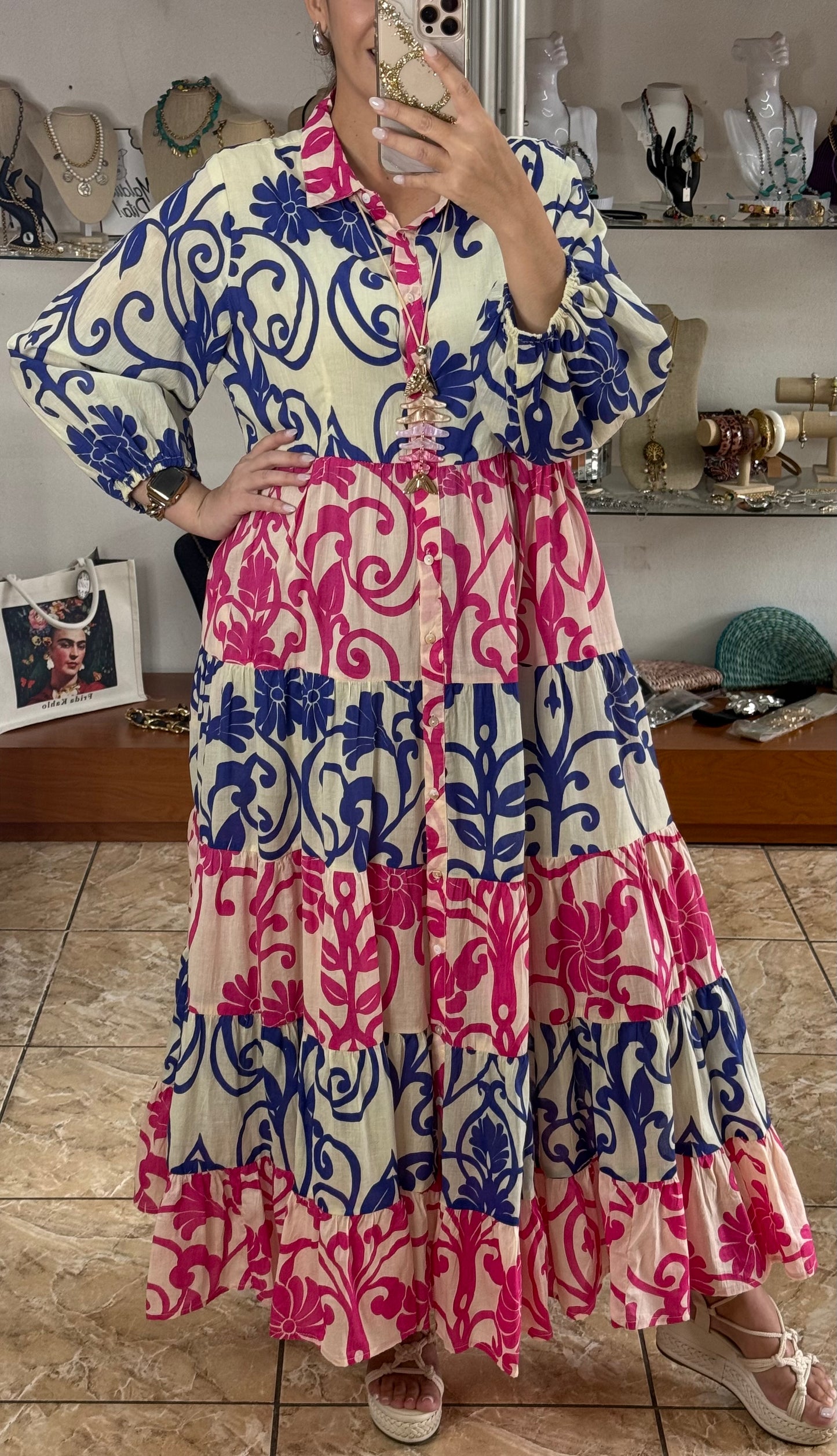 Blue/Pink Mix Button Down Maxi Dress