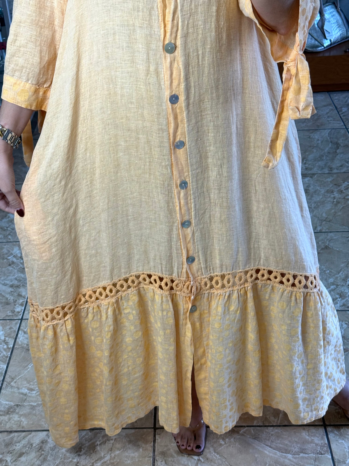 OS Linen/Polka Button Down Maxi Dress (NO RETURNS OR EXCHANGE)