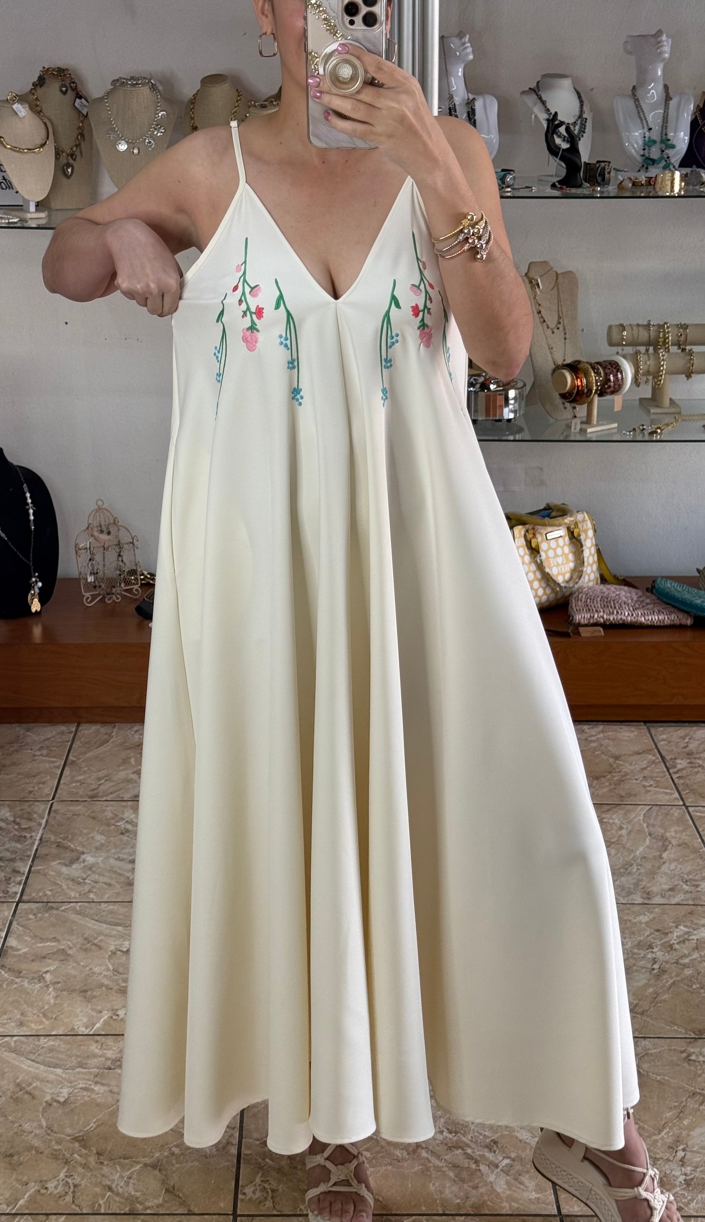 Cream Maxi Floral Embroidered Dress