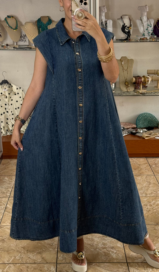 Gold Buttons Denim Maxi Dress