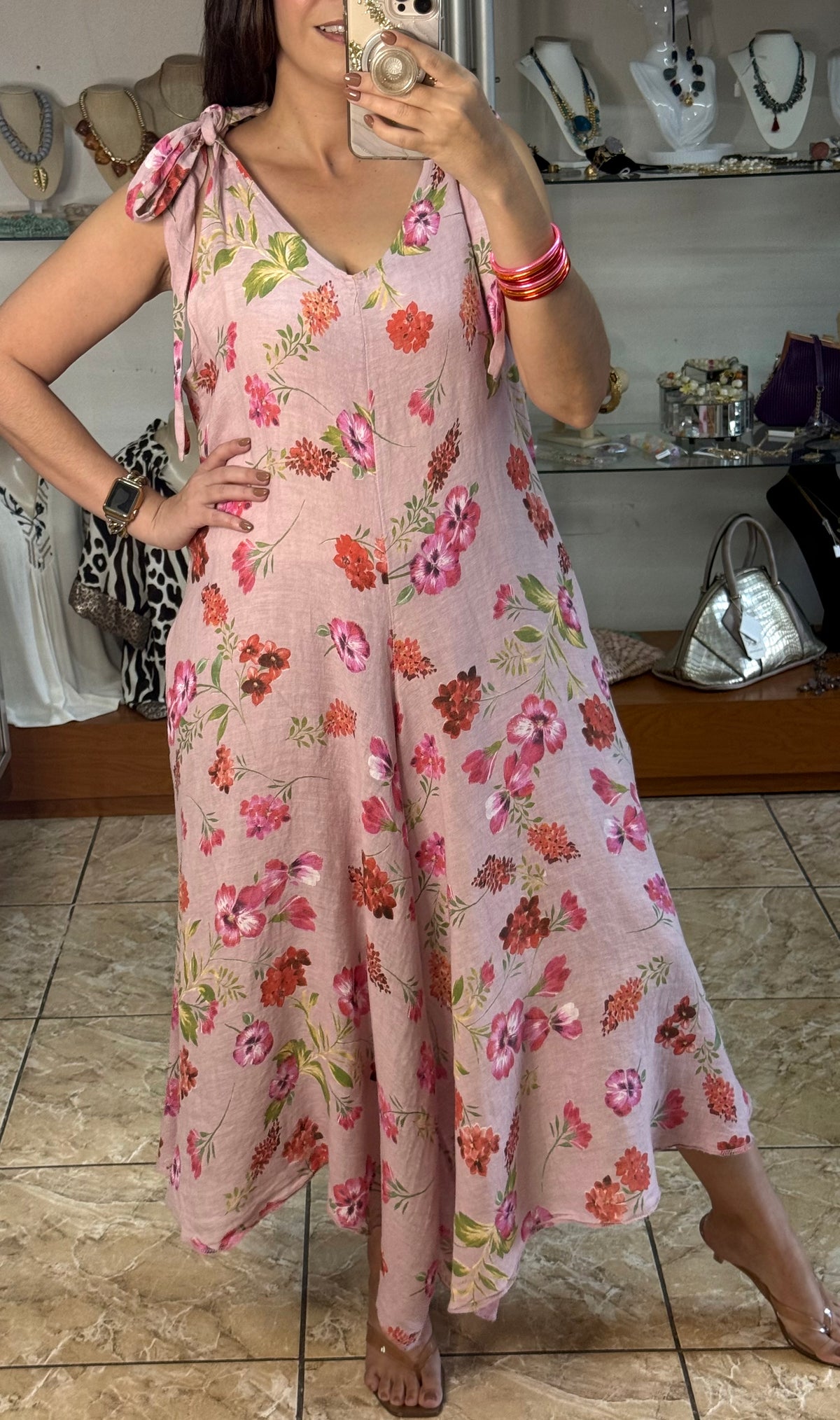 OS Dusty Rose Floral Linen Jumpsuit (NO RETURNS OR EXCHANGE)