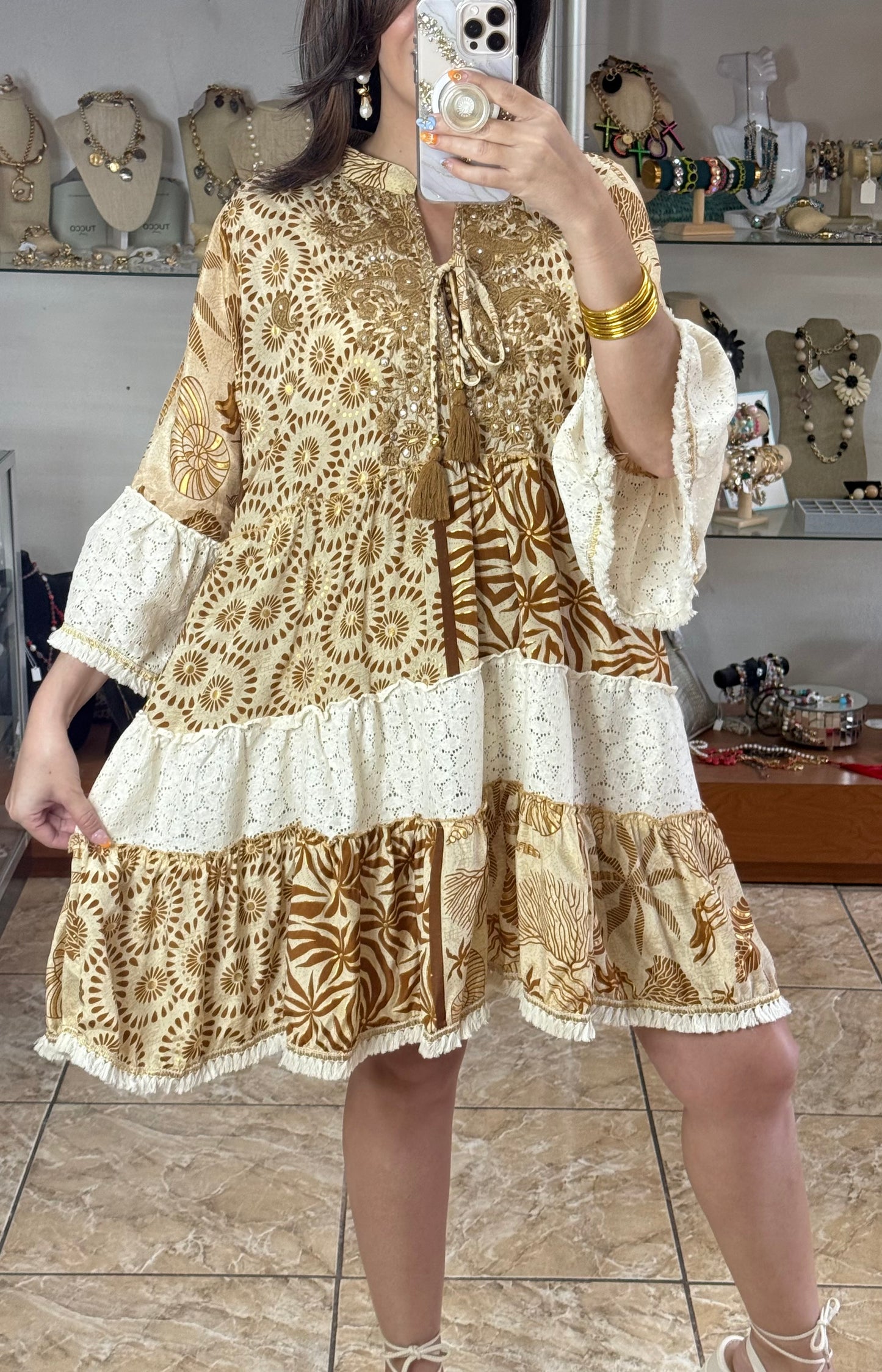 Brown/Cream/Gold OS Boho Dress