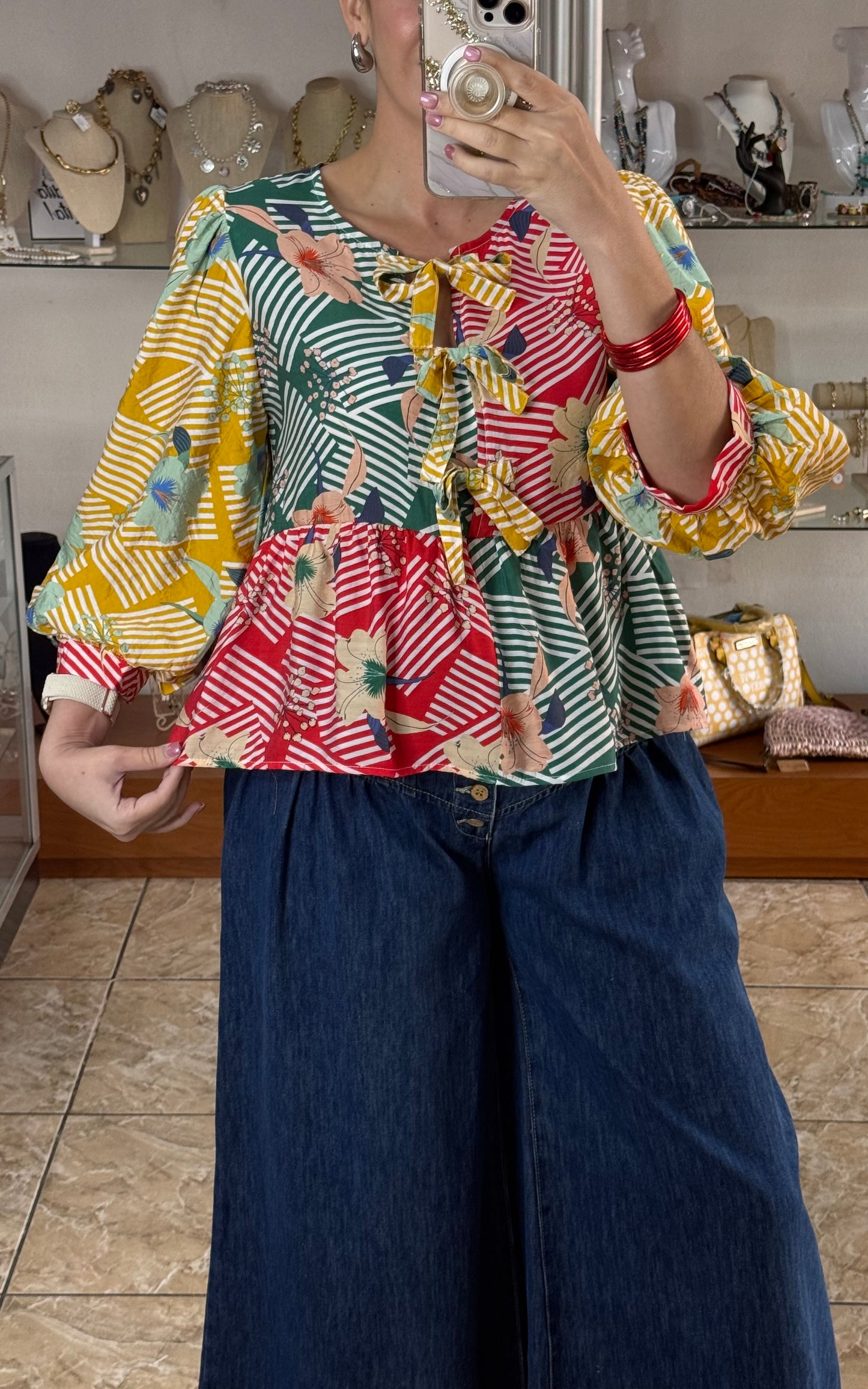 Long Sleeves Multicolor Peplum Top