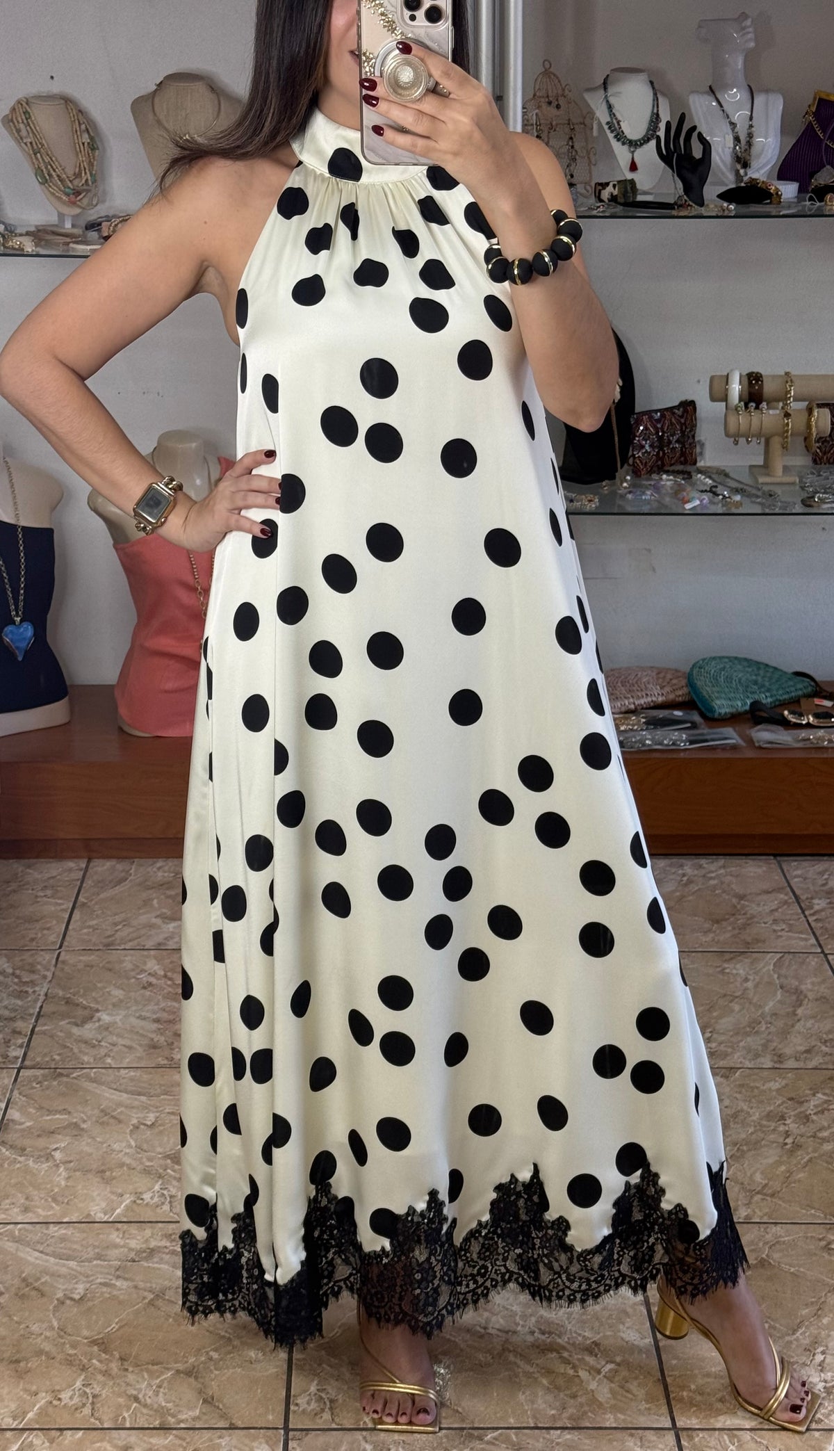 Halter Cream/Black Polkadots with Lace Maxi Dress (NO RETURNS OR EXCHANGE)