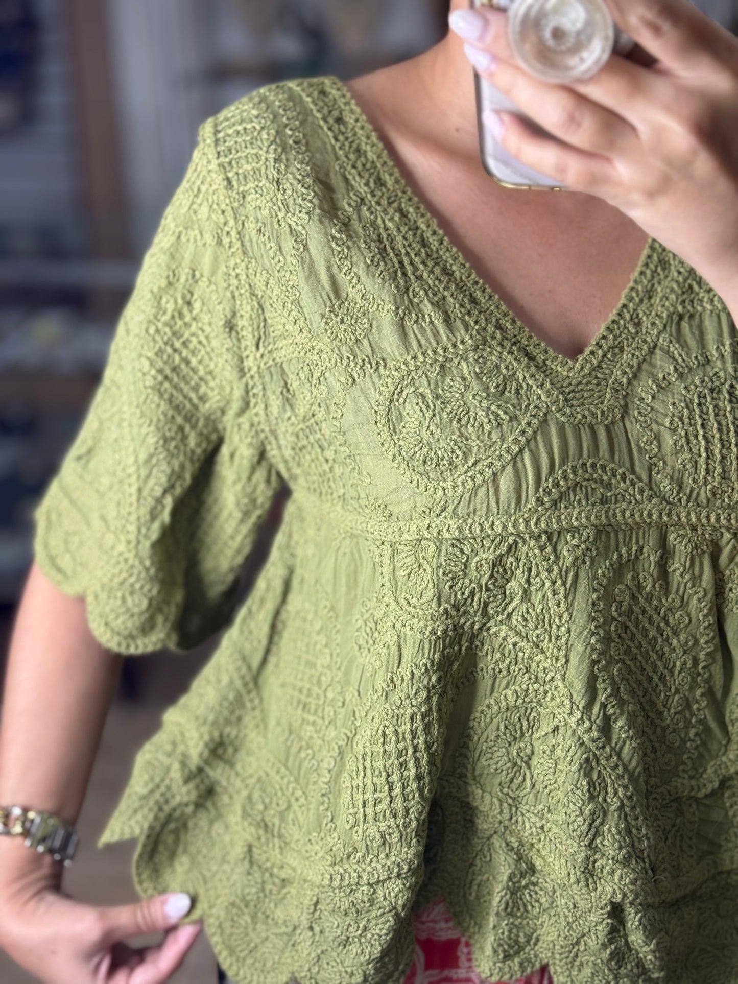 OS Green Embroidered Boho Top (NO RETURNS OR EXCHANGE)
