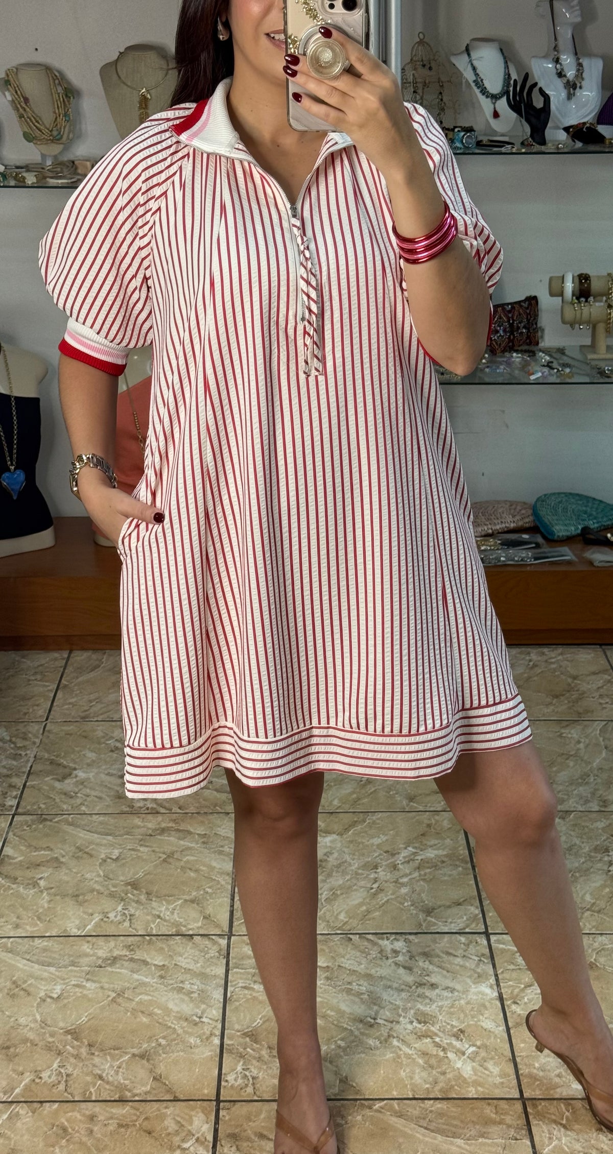 Collared Half-Zip Striped Tunic Dress