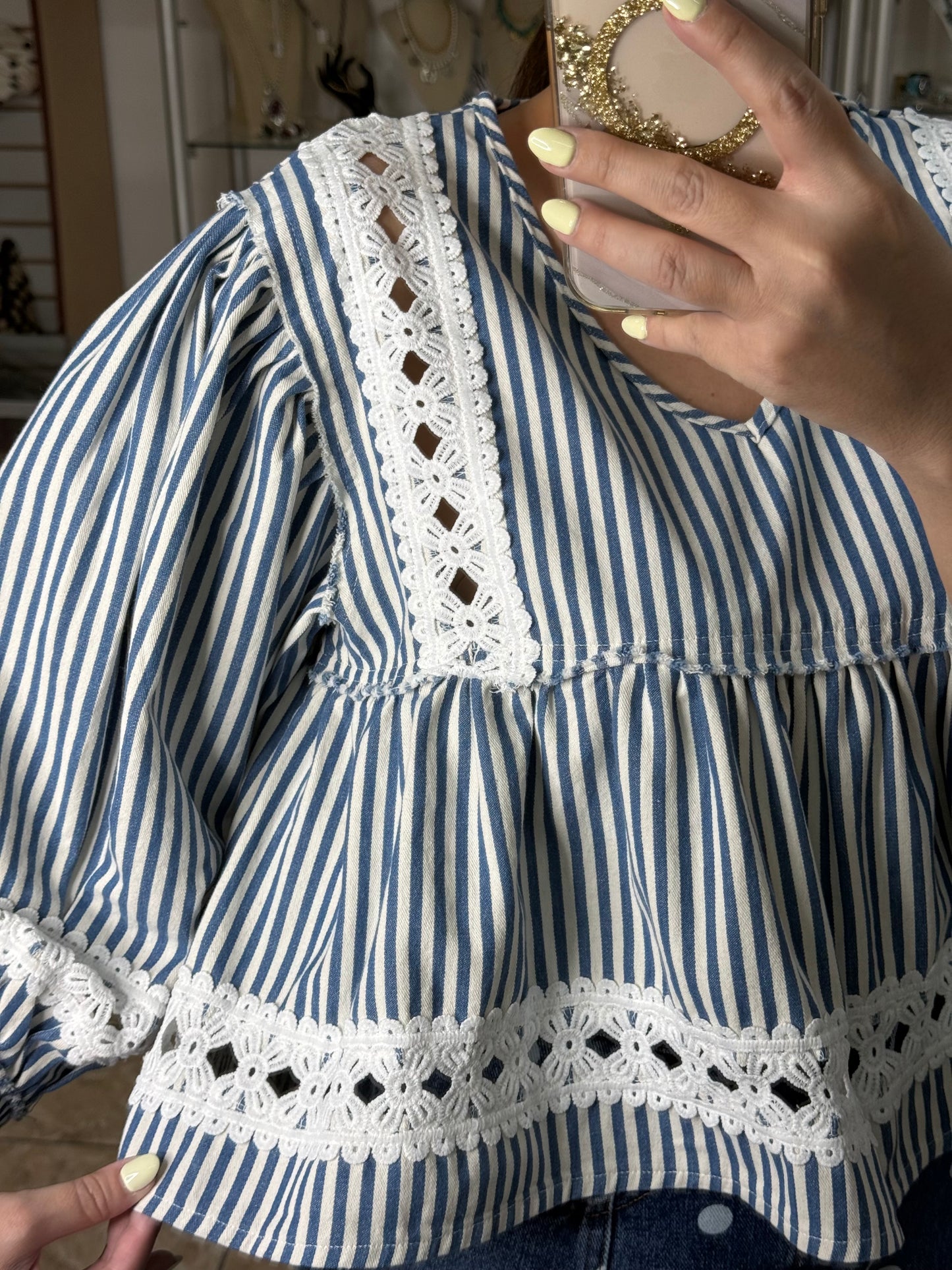 Denim Stripes/Lace Details Top