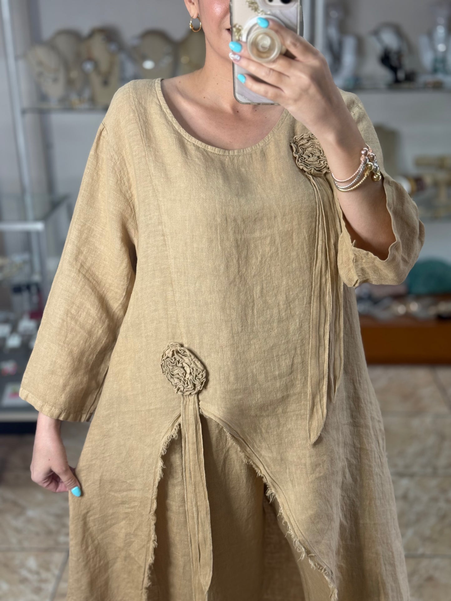 Camel OS Asymmetrical Top and Pant Linen Set (NO RETURNS OR EXCHANGE)